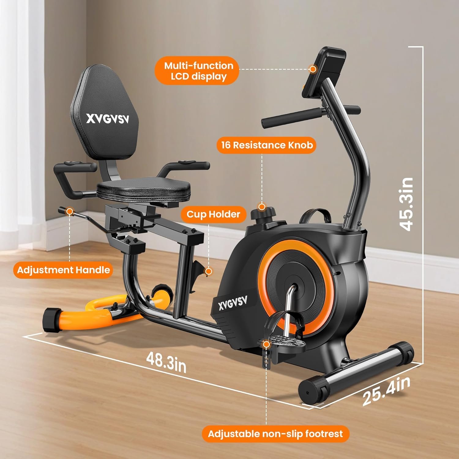 Recumbent Exercise Bike for Home Use, Quiet Recumbent Stationary Bikes for Adults & Seniors, 16-Level Resistance, Adjustable Seat, Supports 400LB, Pulse Sensors & LCD Display - Image 7