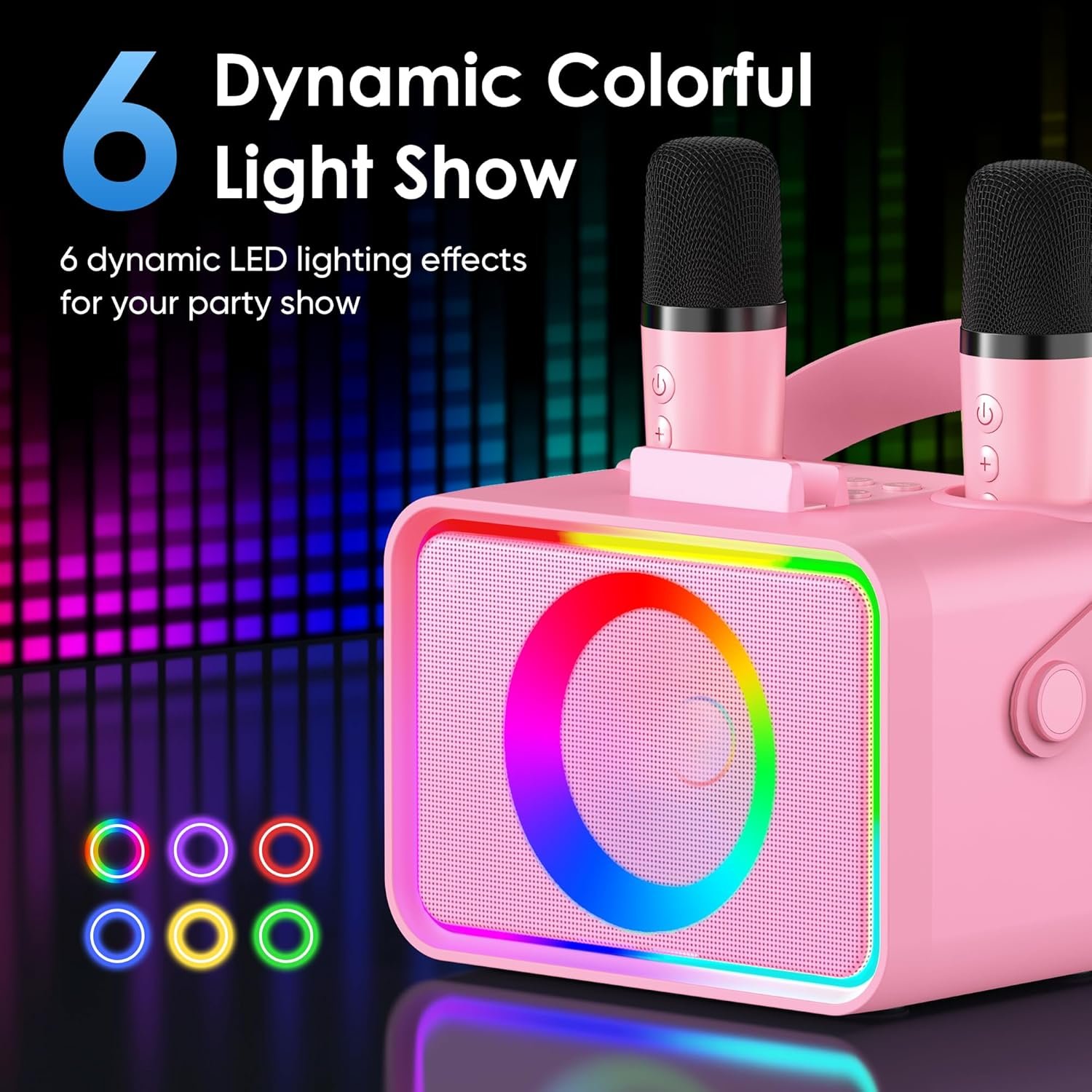 Karaoke Machine,Portable Bluetooth Speaker with 2 Wireless Microphone for Adults & Kids with LED Lights, Karaoke Microphone with PA System Supports USB/TF/AUX,Gift for Party (Pink) - Image 4
