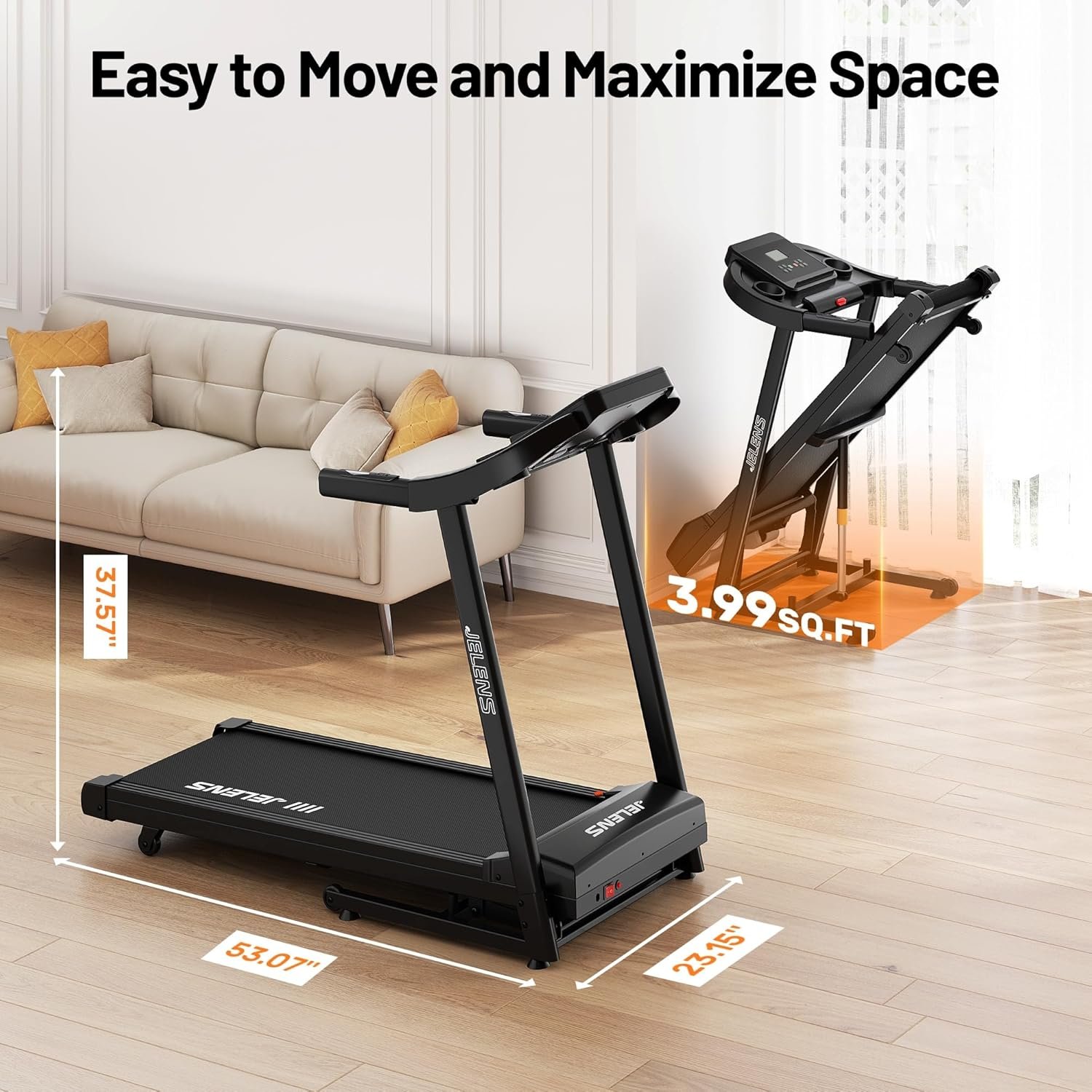 JELENS Treadmill for Home with 0-15% Auto Incline, Foldable Walking Pad Treadmill with 330LBS Weight Capacity and Pulse Sensors, 3.0HP Quiet Walking Pad with App and LCD Display - Image 9