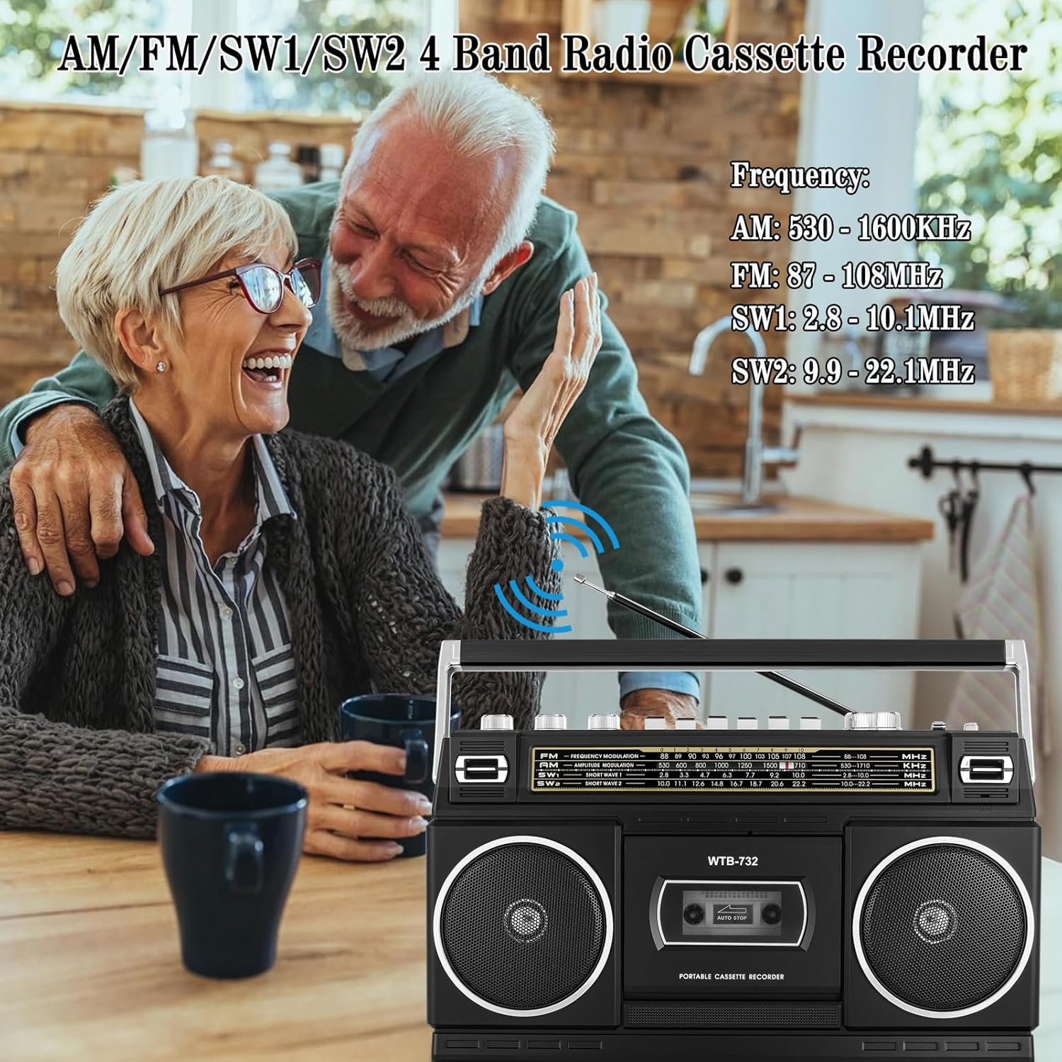 Retro Classic 80s Style Portable Boombox with Cassette Player Recorder, AM/FM/SW1/SW2 Radio, Bluetooth, USB/Micro SD Slots, Headphone Jack, 24W Dual Full-Range High Bass Speakers - Image 3