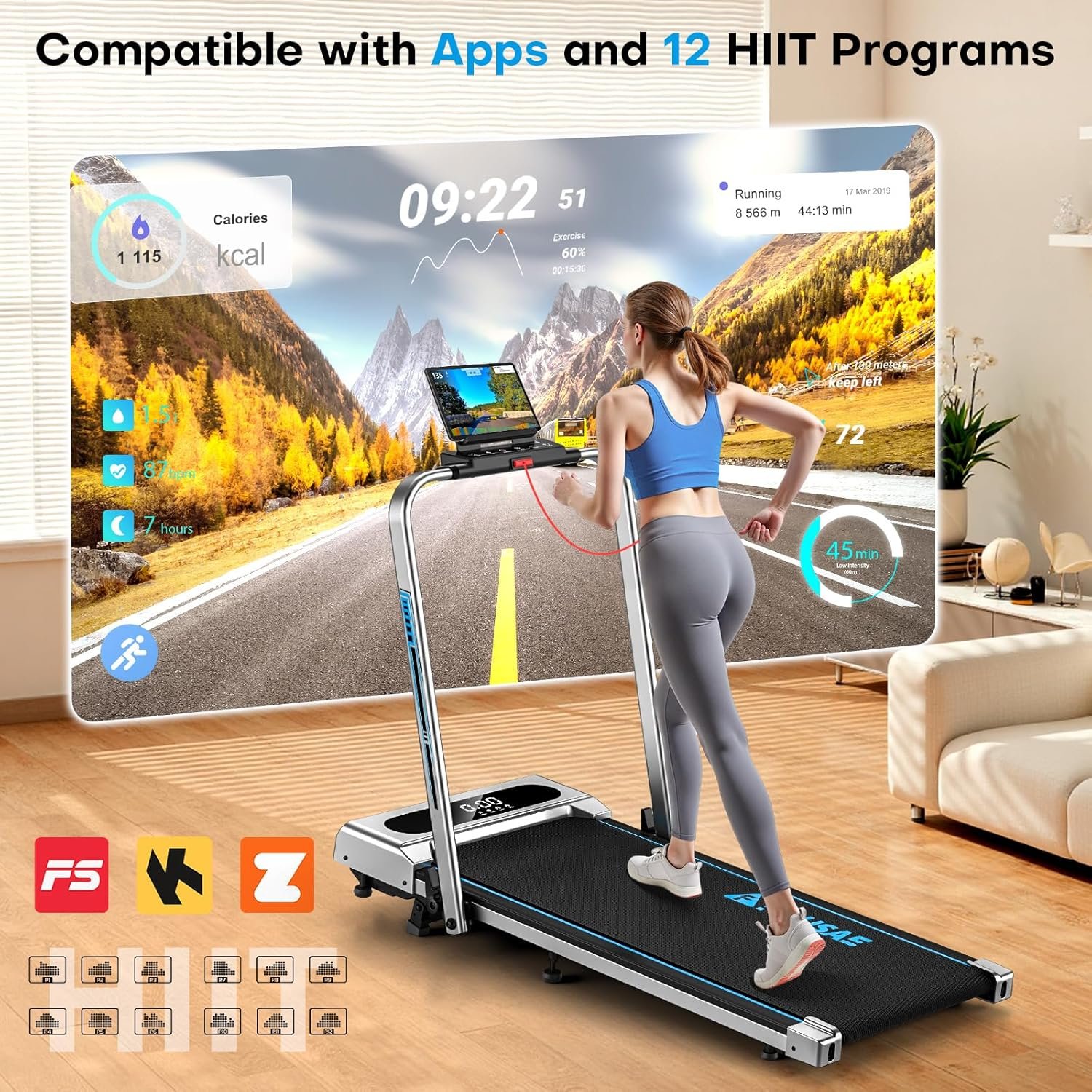 5 in 1 Foldable Treadmill, 7.5 MPH Treadmills for Home with App Compatible, Treadmill with 10% Incline, 3.0HP Brushless Drive, Remote Control and LED Display, 12 HIIT Programs, 400 LBS Capacity - Image 2