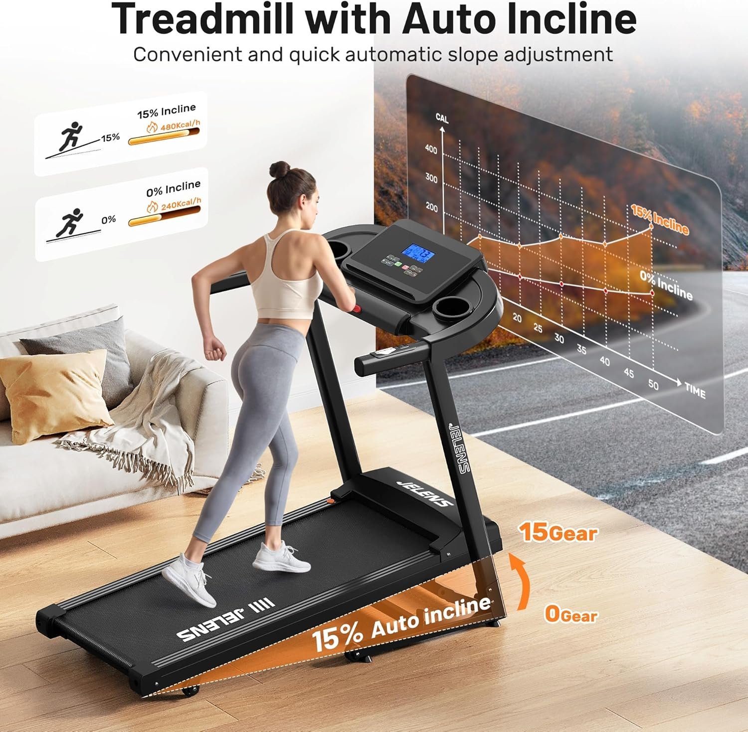 JELENS Treadmill for Home with 0-15% Auto Incline, Foldable Walking Pad Treadmill with 330LBS Weight Capacity and Pulse Sensors, 3.0HP Quiet Walking Pad with App and LCD Display - Image 2