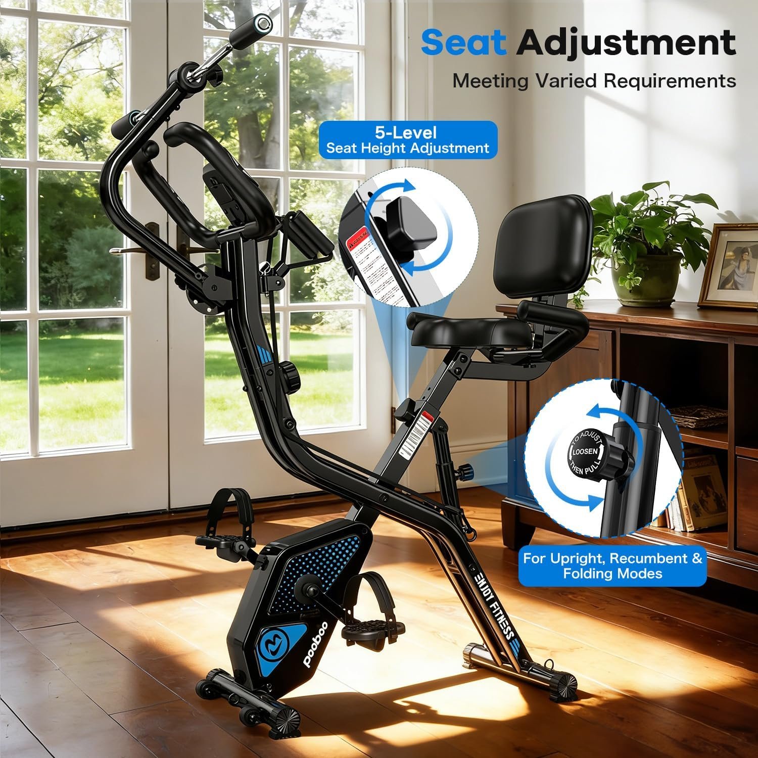 pooboo Folding Exercise Bike, Foldable Upright Stationary Bike, Indoor Cycling Magnetic X-Bike with 8-Level Adjustable Resistance, 6.6 LBS Flywheel, 300LB Capacity, Back Support Cushion for Home Gym - Image 6
