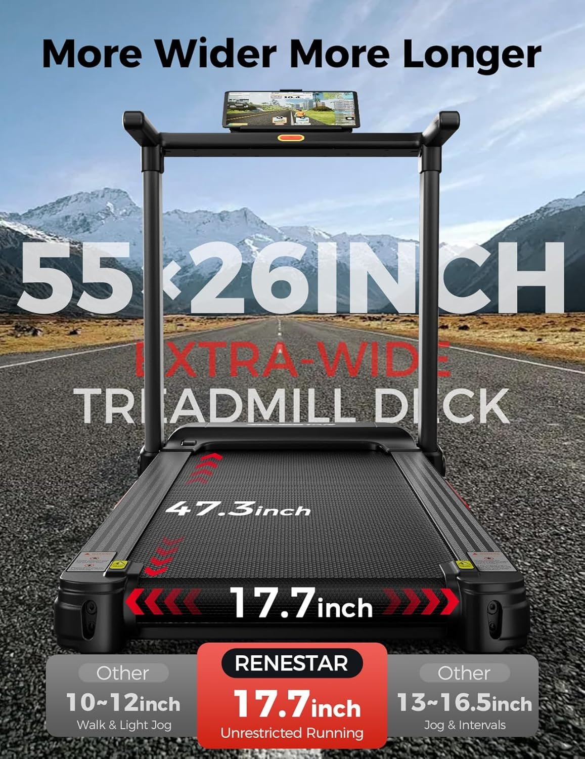 Renestar Treadmill for Home with 25% Auto Incline - 8.5MPH Max Speed, Extra Large LED Touchscreen, 300LBS Capacity, Bluetooth Speaker, 3.5HP Home Office Treadmills for Running Jogging Walking - Image 3