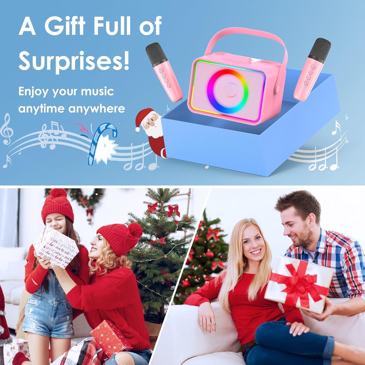 Karaoke Machine,Portable Bluetooth Speaker with 2 Wireless Microphone for Adults & Kids with LED Lights, Karaoke Microphone with PA System Supports USB/TF/AUX,Gift for Party (Pink) - Image 7