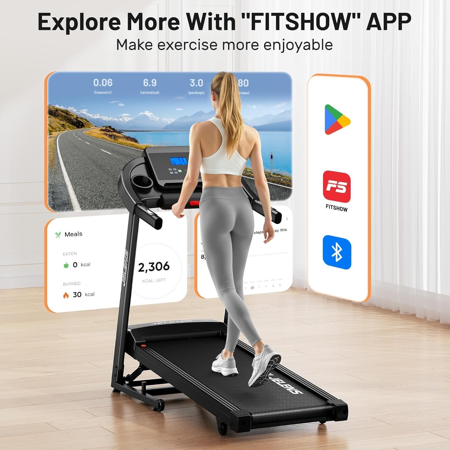 JELENS Treadmill for Home with 0-15% Auto Incline, Foldable Walking Pad Treadmill with 330LBS Weight Capacity and Pulse Sensors, 3.0HP Quiet Walking Pad with App and LCD Display - Image 6