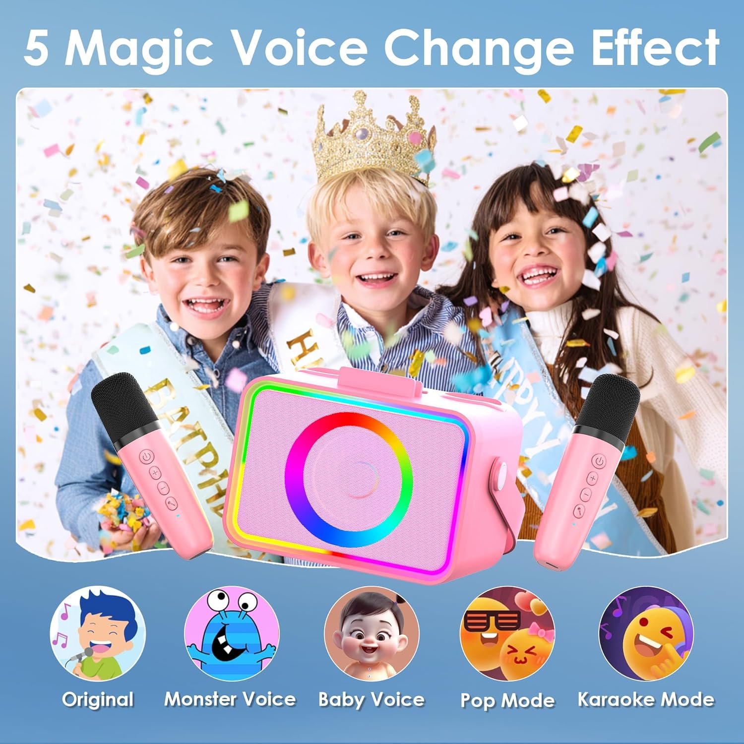 Karaoke Machine,Portable Bluetooth Speaker with 2 Wireless Microphone for Adults & Kids with LED Lights, Karaoke Microphone with PA System Supports USB/TF/AUX,Gift for Party (Pink) - Image 3