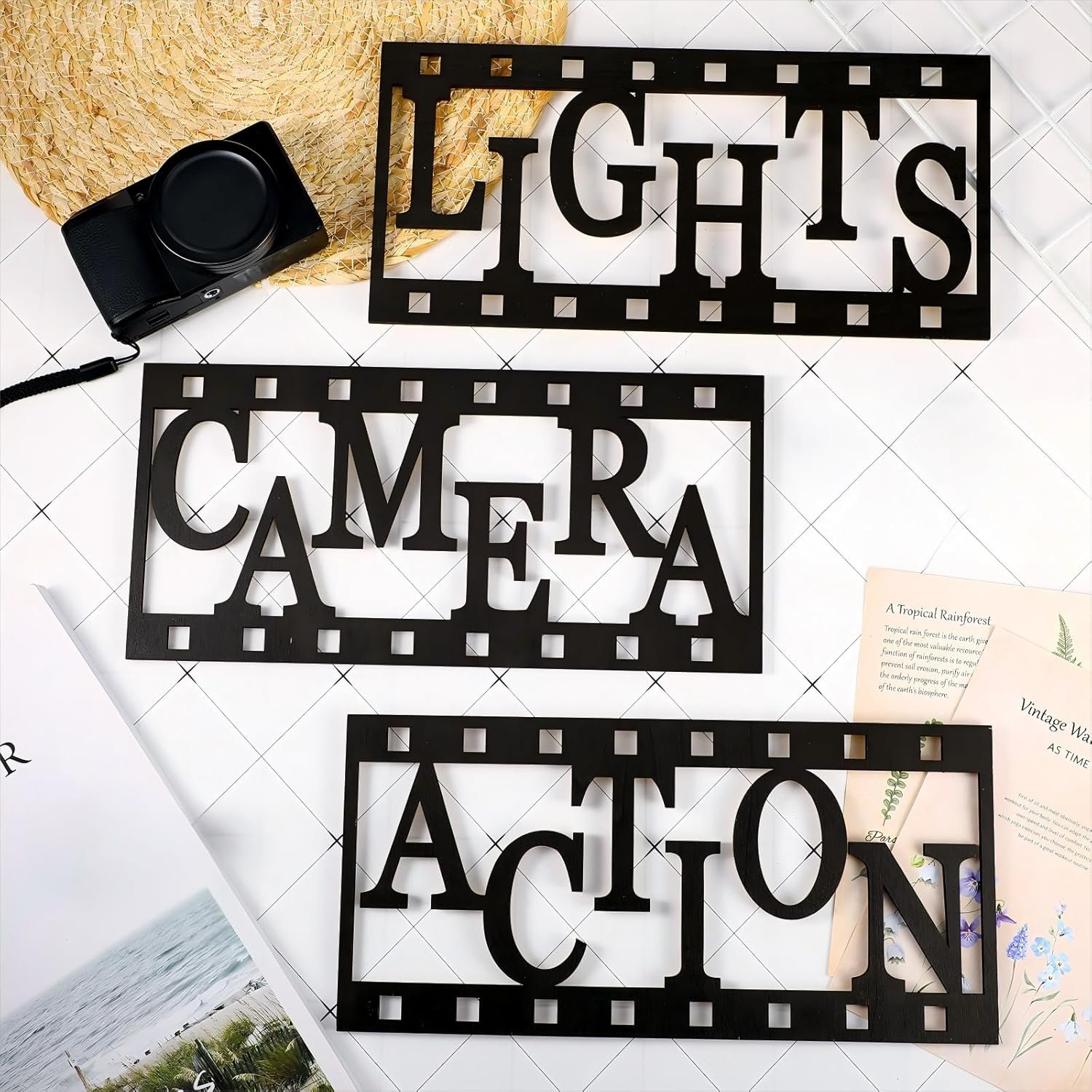 Yookeer 3 Pieces Home Movie Theater Room Decor Cinema Wall Art Wooden Reel Wall Sign Home Theater Action Sign Cinema Movie Film Wall Decoration(11.4 Inch,Simple Style) - Image 3