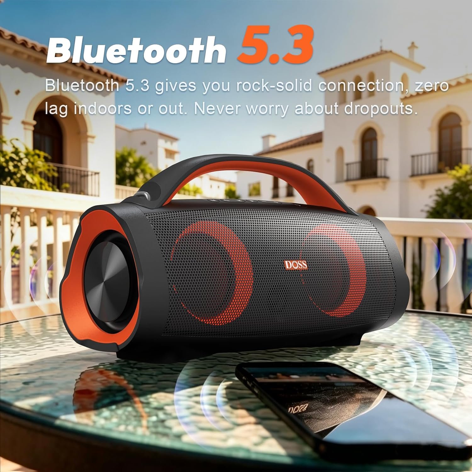 DOSS Extreme Boom Pro 100W Loud Outdoor Speaker, 2+2 Channel, IPX6 Waterproof, Bluetooth 5.3, 20H Playtime, Dynamic RGB Lights, Portable Speaker for Camping, Beach, Pool, Working Outside - Orange - Image 5