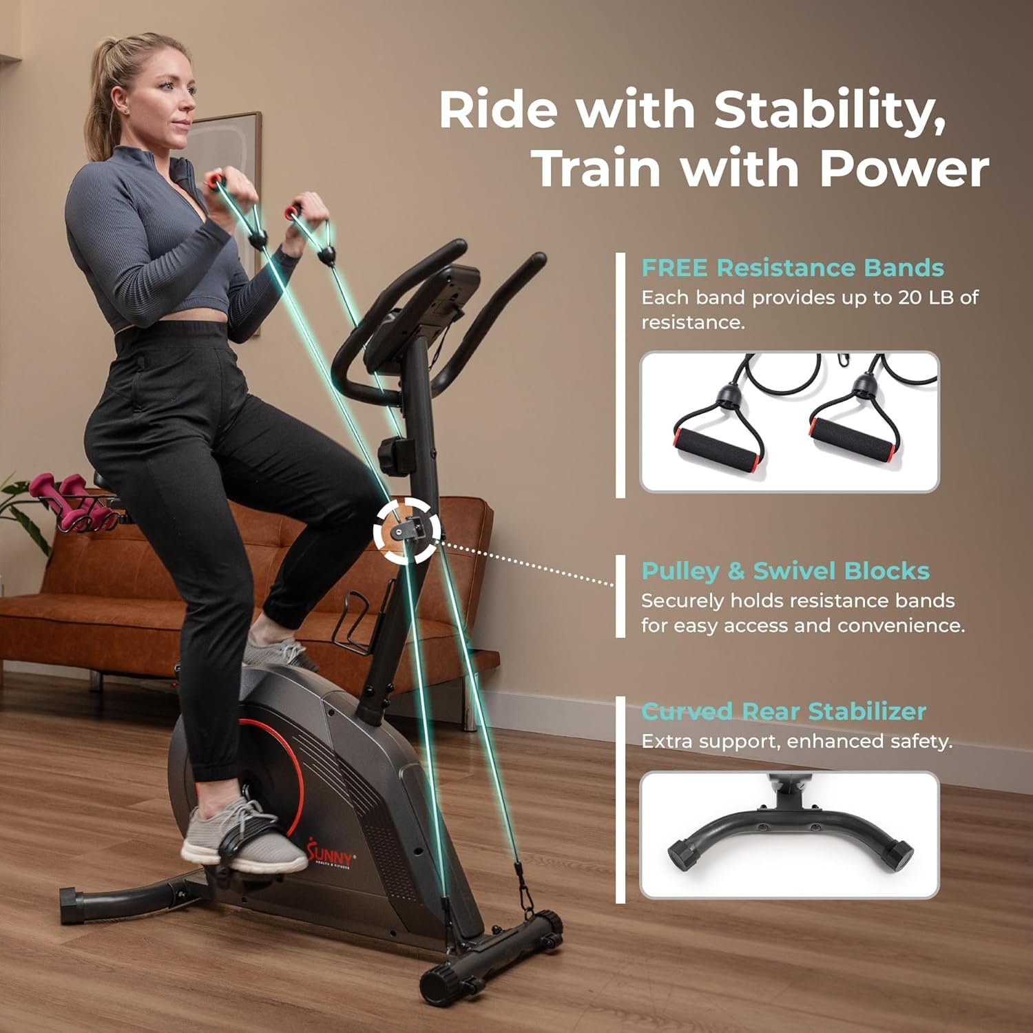 Sunny Health & Fitness Smart Stationary Exercise Upright Bike w/Pulse Sensor & 4-Way Adjustable Seat, Cycling Machine for Home Cardio Training, Free SunnyFit App Connection, Optional Resistance Band - Image 2