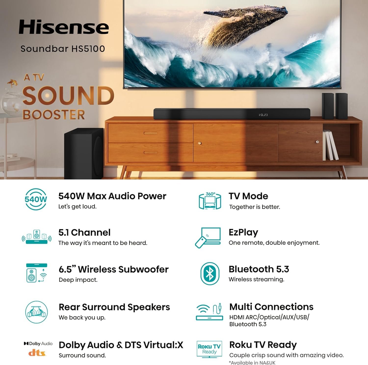 Hisense HS5100 5.1Ch Sound Bar with Wireless Subwoofer, 540W, Dolby Digital Plus, Bluetooth 5.3, EzPlay, Roku TV Ready, DTS: X, HDMI/AUX/ARC/Optical/USB (HS5100, 2024 Model) - Image 3