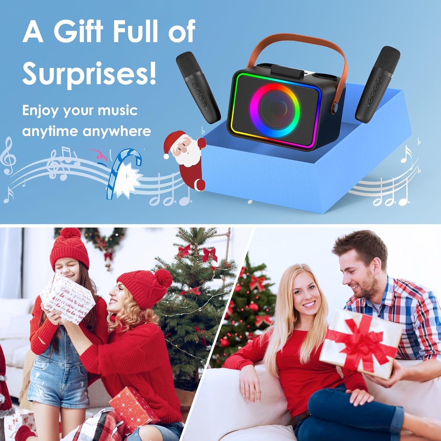 Karaoke Machine,Portable Bluetooth Speaker with 2 Wireless Microphone for Adults & Kids with LED Lights, Karaoke Microphone with PA System Supports USB/TF/AUX,Gift for Party(Black) - Image 7