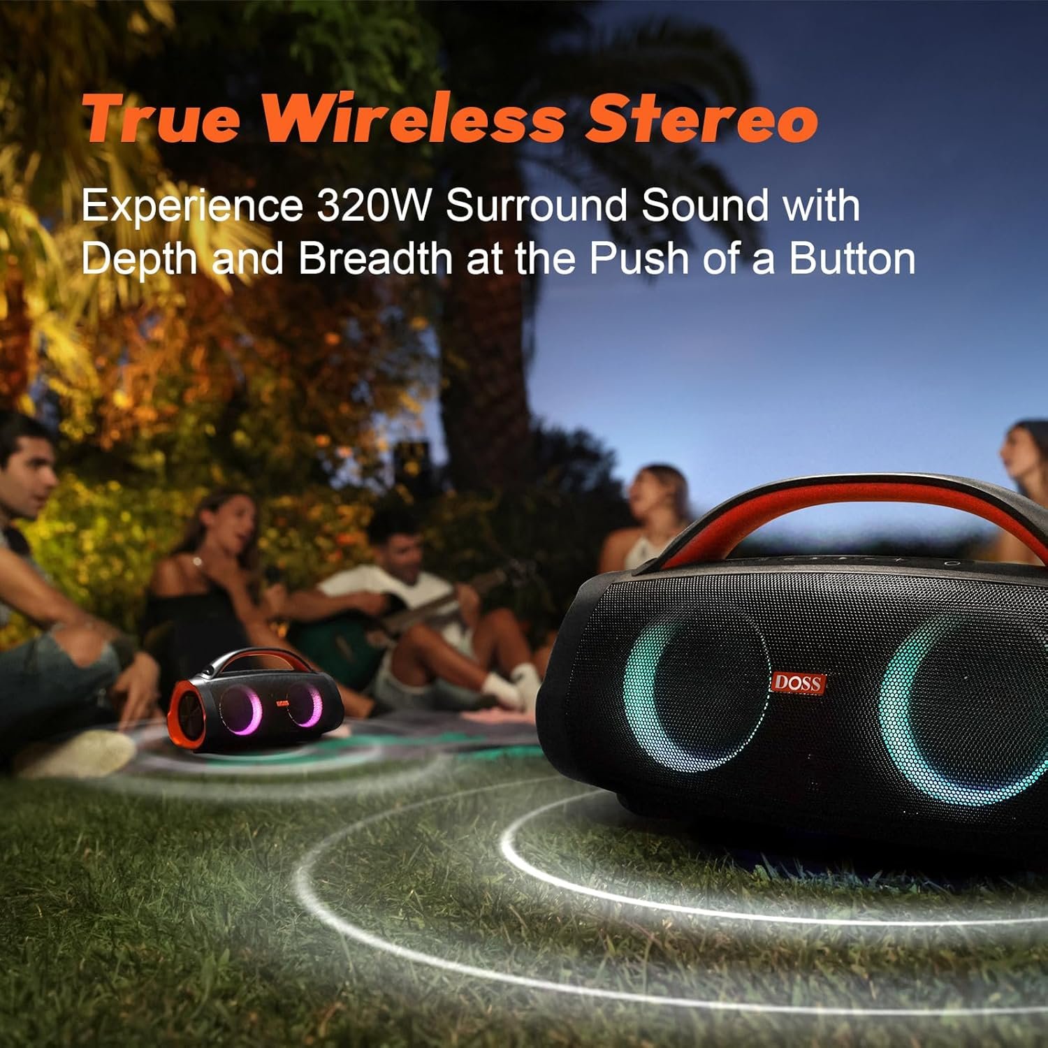 DOSS Extreme Boom Pro 100W Loud Outdoor Speaker, 2+2 Channel, IPX6 Waterproof, Bluetooth 5.3, 20H Playtime, Dynamic RGB Lights, Portable Speaker for Camping, Beach, Pool, Working Outside - Orange - Image 9