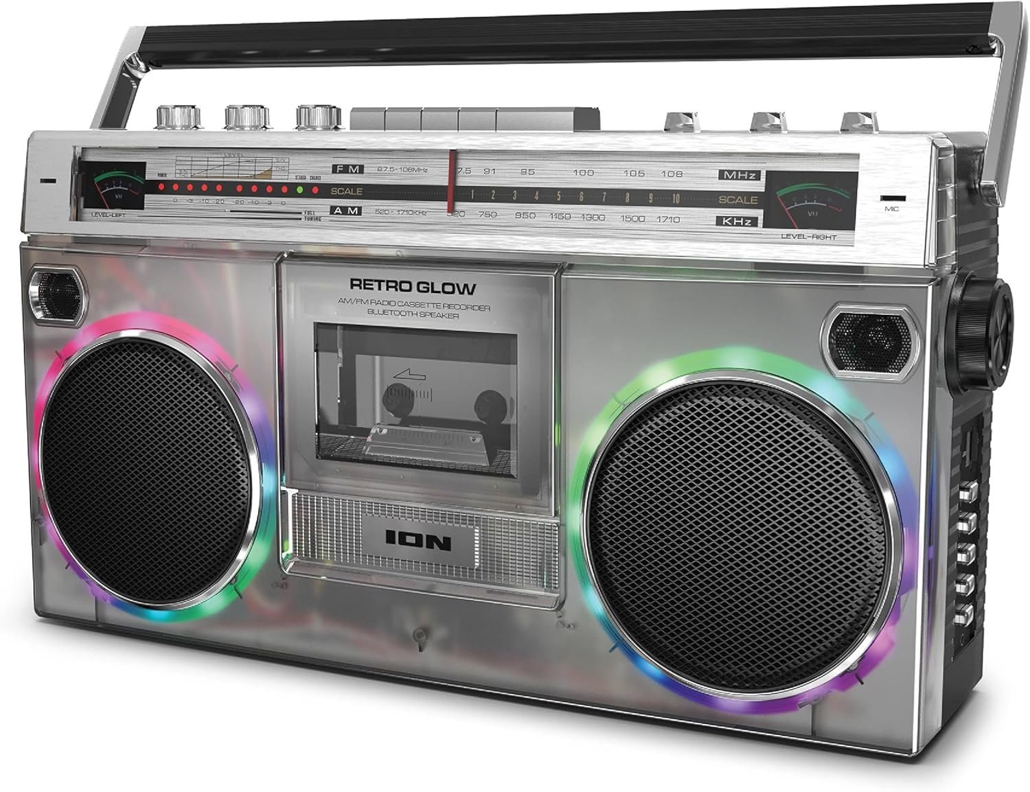 ION Audio Retro Glow Boombox - Deluxe Stereo AM/FM Radio Cassette Dual Speakers Full-Range Bass and Bluetooth (Renewed)