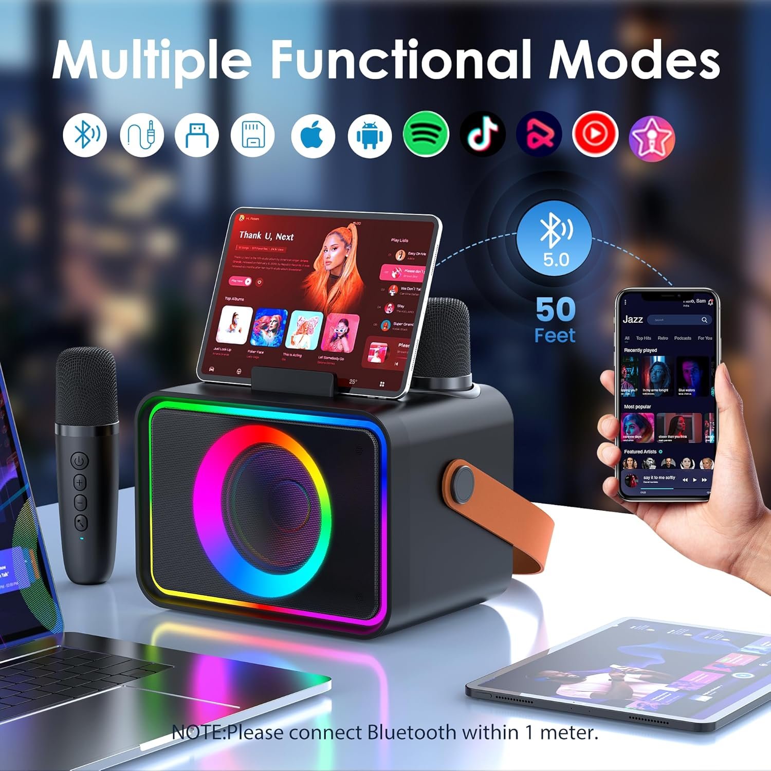 Karaoke Machine,Portable Bluetooth Speaker with 2 Wireless Microphone for Adults & Kids with LED Lights, Karaoke Microphone with PA System Supports USB/TF/AUX,Gift for Party(Black) - Image 5