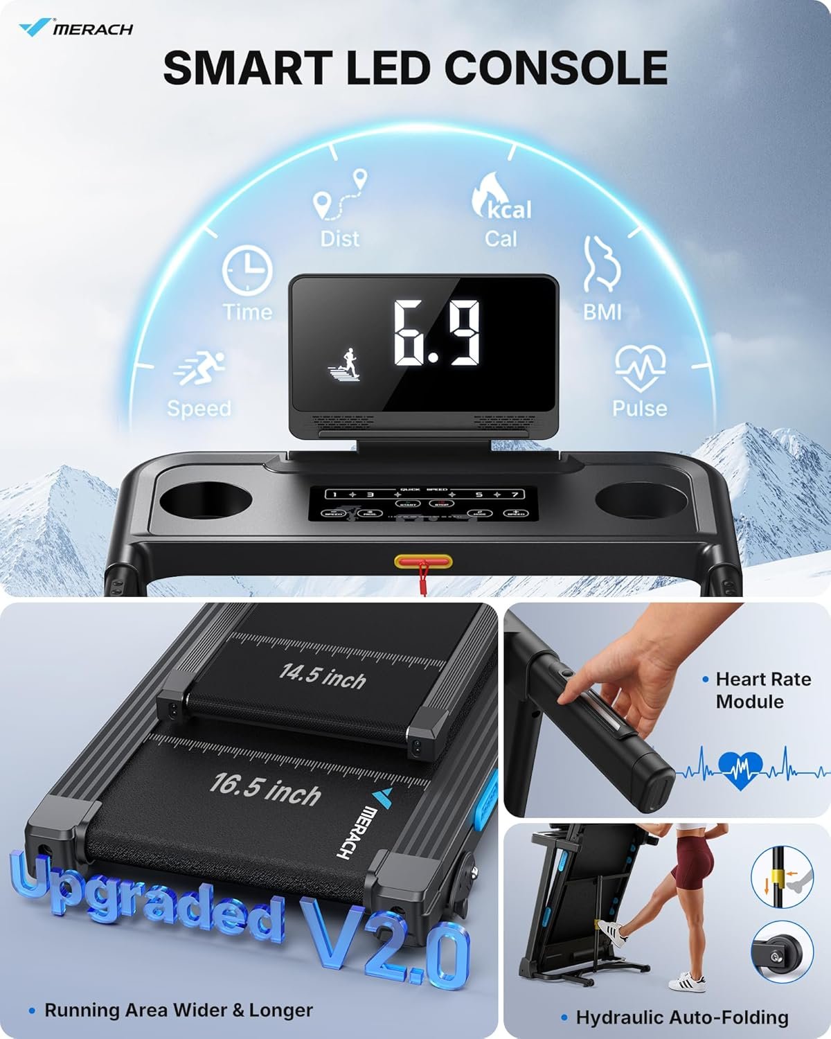 MERACH Incline Treadmill with Incline 6%-15%, 7-Layer Belt 300LBS Capacity Tredmill Foldable Handle Running Treadmills for Home, 0.5-7.5MPH 3.0HP Incline Folding Treadmill LED with APP Threadmill - Image 2