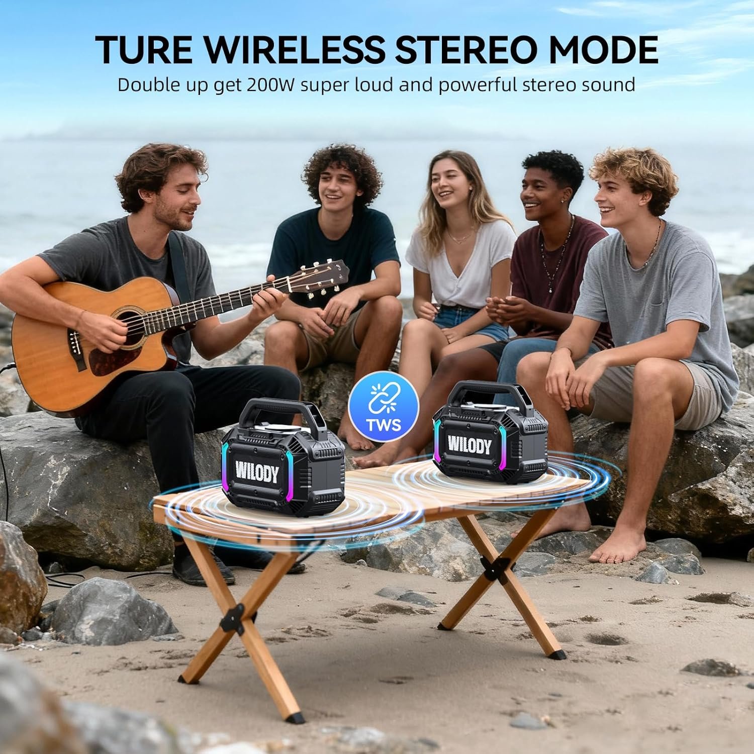 Wilody Speakers Bluetooth Wireless, 100W Loud Outdoor Speaker with Bass, IPX7 Waterproof Floatable, 20H Playtime, Wireless Charge, TWS, RGB Light, Portable Speaker for Work, Garage, Outdoor (Black) - Image 7