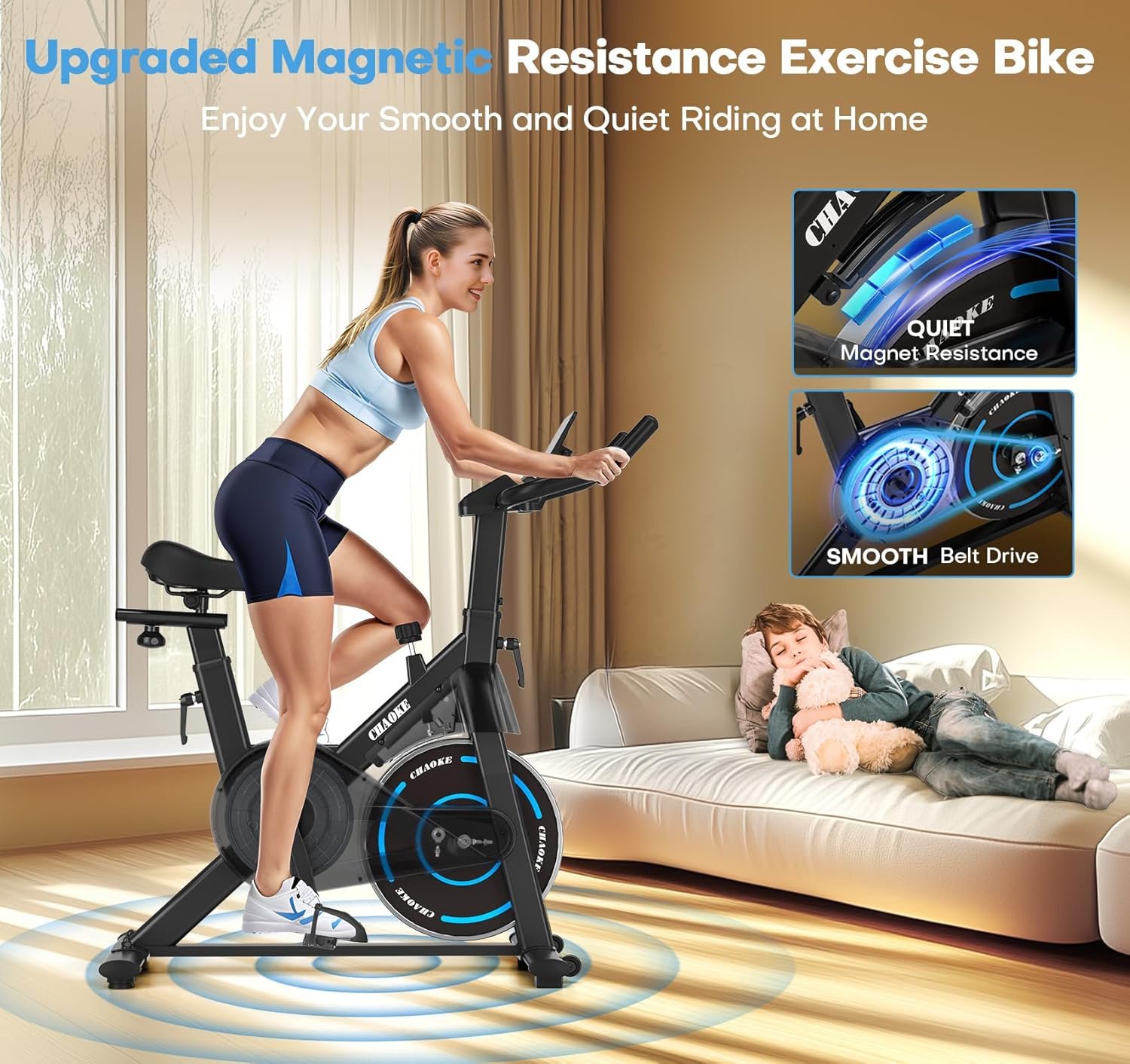 Exercise Bike, CHAOKE Quiet Adjustable Magnetic Resistance Stationary Bike for Home Cardio with App Compatible, 350LB Weight Capacity Indoor Cycling Bike with Comfortable Seat & Digital Display - Image 4