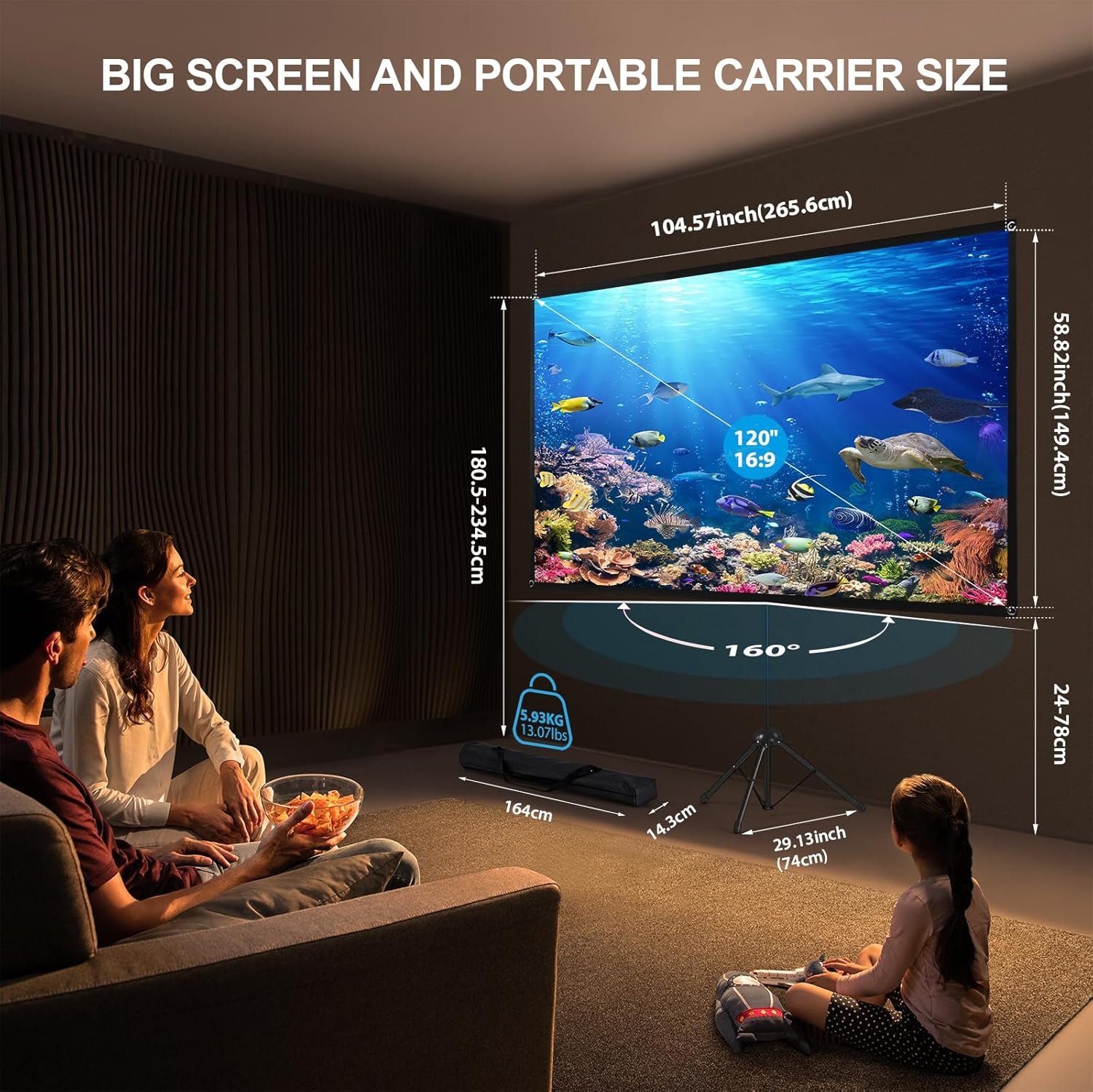 Projector Screen with Stand, Outdoor Projector Screen 16:9 and Tripod Stand, Portable Projection Screen with 1.2 Gain, Lightweight and Compact, Easy Setup, Idea for Home Cinema, Backyard, (120 Inch). - Image 2