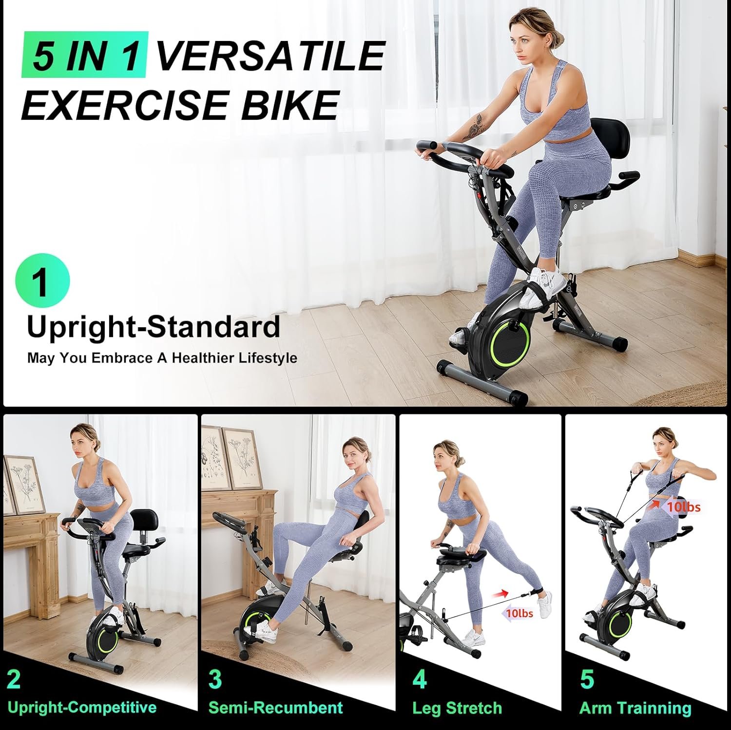 USLIM Foldable Exercise Bike Stationary Bikes for Home, 5 IN 1 Indoor Workout Bike, Cycling Bike with 16-Level Quiet Magnetic Resistance, 6.6 LBS Flywheel and 300LBS Capacity for Senior and Home Workout - Image 6