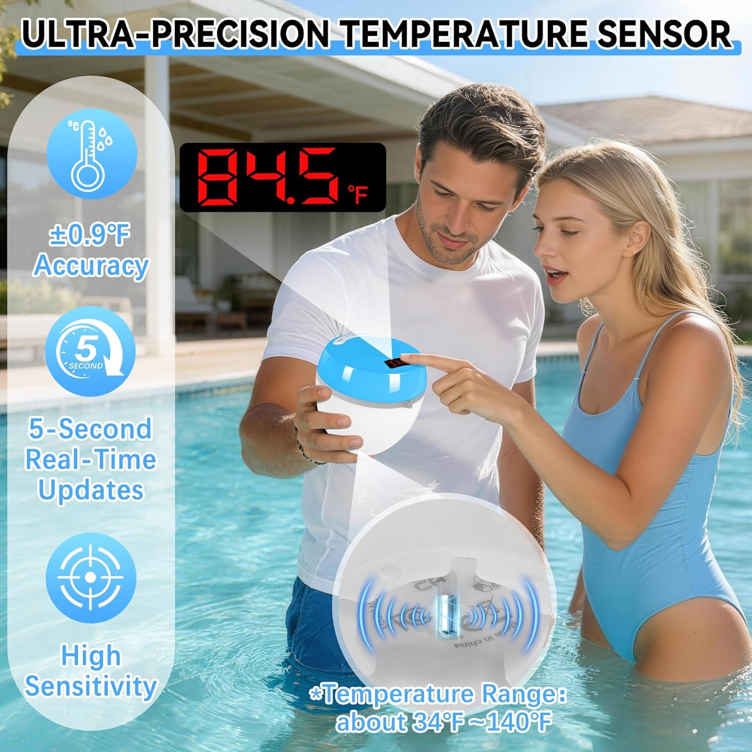 FluSing 3 in 1 Floating Pool Speaker with Digital Thermometer,Bluetooth Pool Speaker with Colorful Lights,TWS Floating Bluetooth Speaker for Pool IP68 Waterproof,Loud Sound Hot Tub Speakers-Light Blue - Image 2