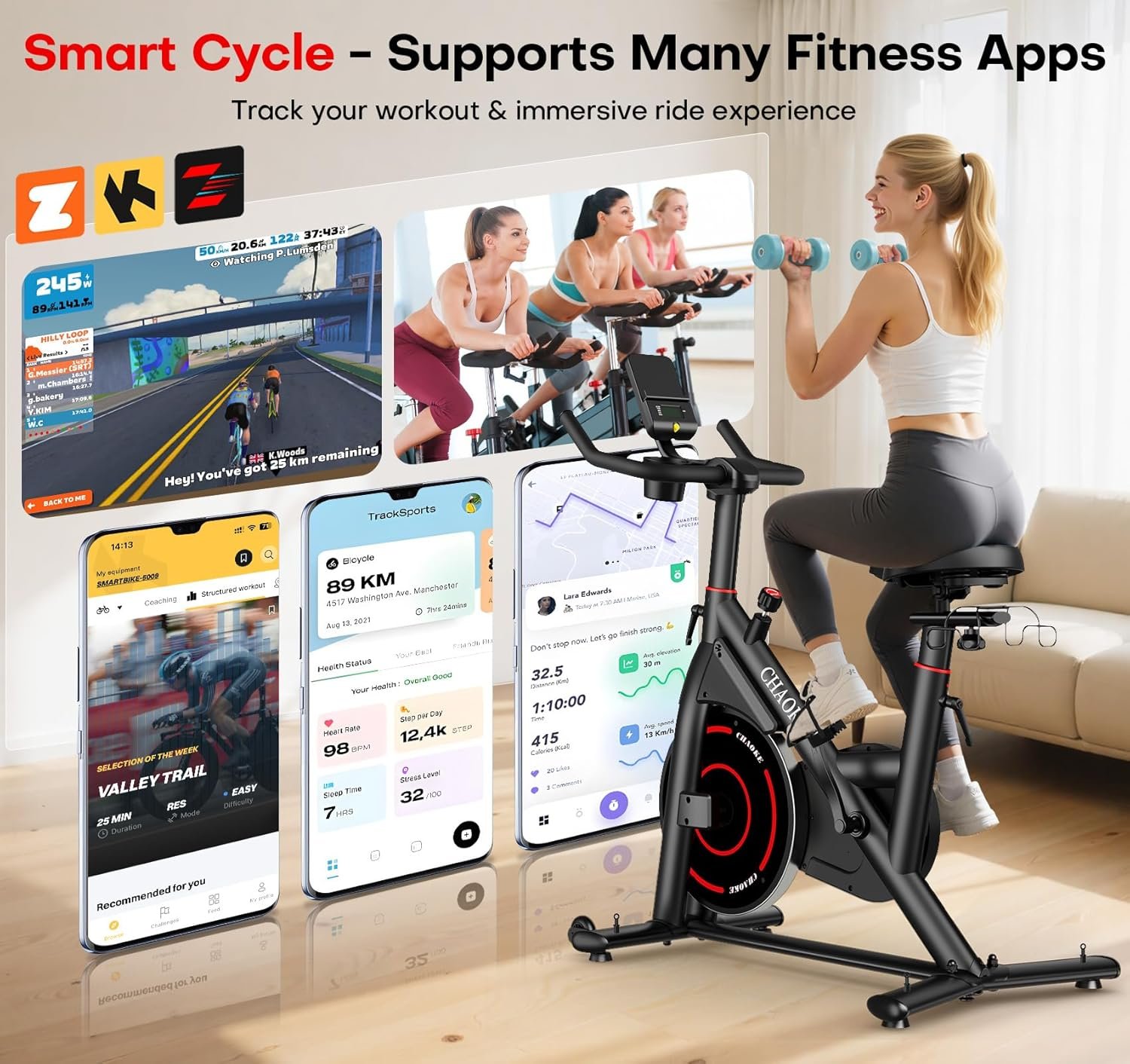 Exercise Bike, CHAOKE Quiet Adjustable Magnetic Resistance Stationary Bike for Home Cardio with App Compatible, 350LB Weight Capacity Indoor Cycling Bike with Comfortable Seat & Digital Display - Image 2