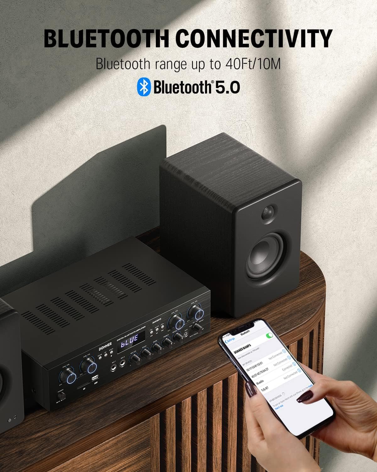 Donner Bluetooth 5.0 Stereo Audio Amplifier Receiver, 4 Channel 440W Peak Power Home Theater Stereo Receiver with USB, SD, FM, 2 Mic in Echo, RCA, LED, Speaker Selector for Studio, Home - MAMP5 - Image 5
