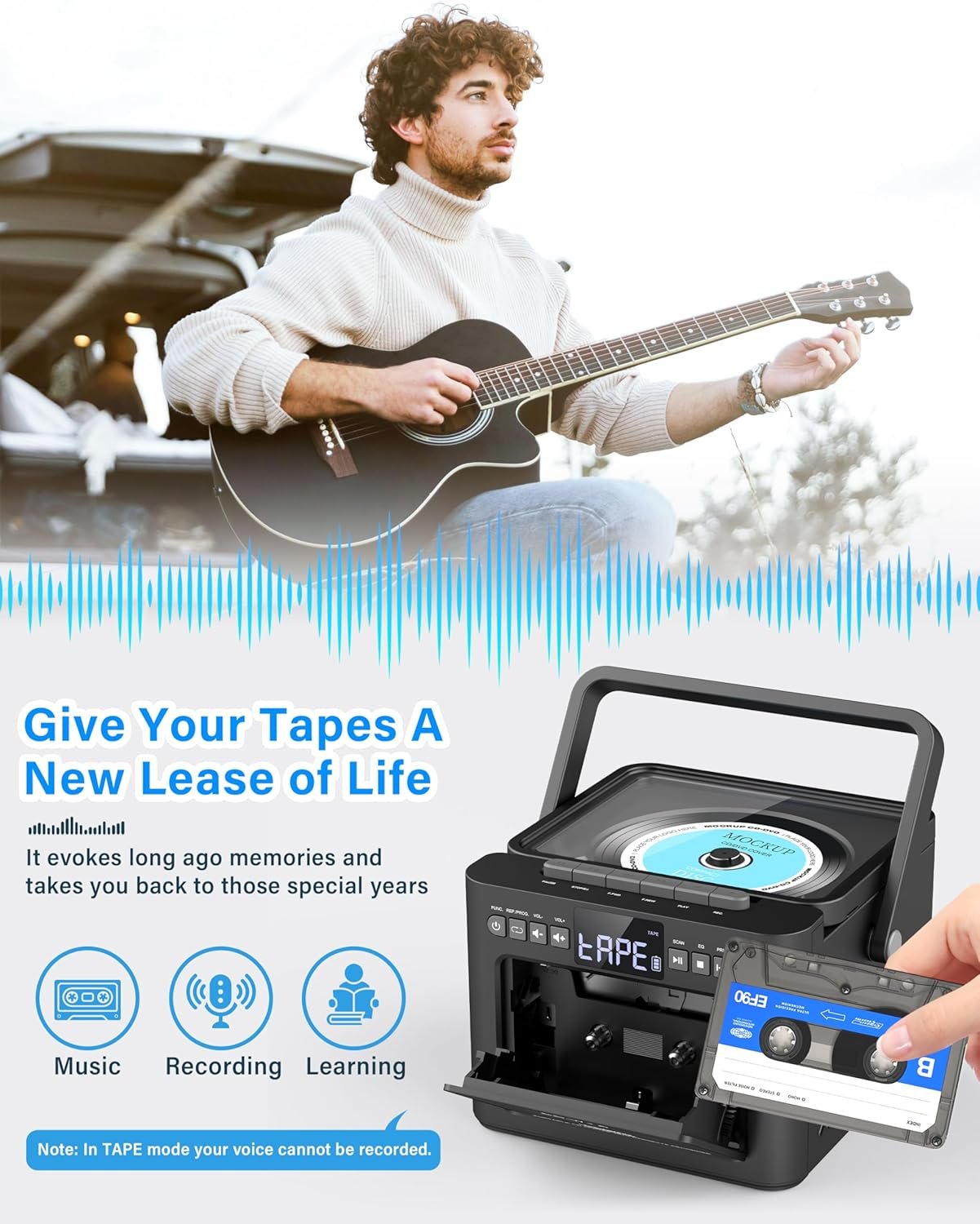 Greadio Boombox CD and Cassette Player Combo, 5000mAh Rechargable CD Player Boombox with Bluetooth Receive/Transmit/FM Radio/USB/TF/AUX/Remote Control, Boom Box Cassette Player for Home Outdoor - Image 2