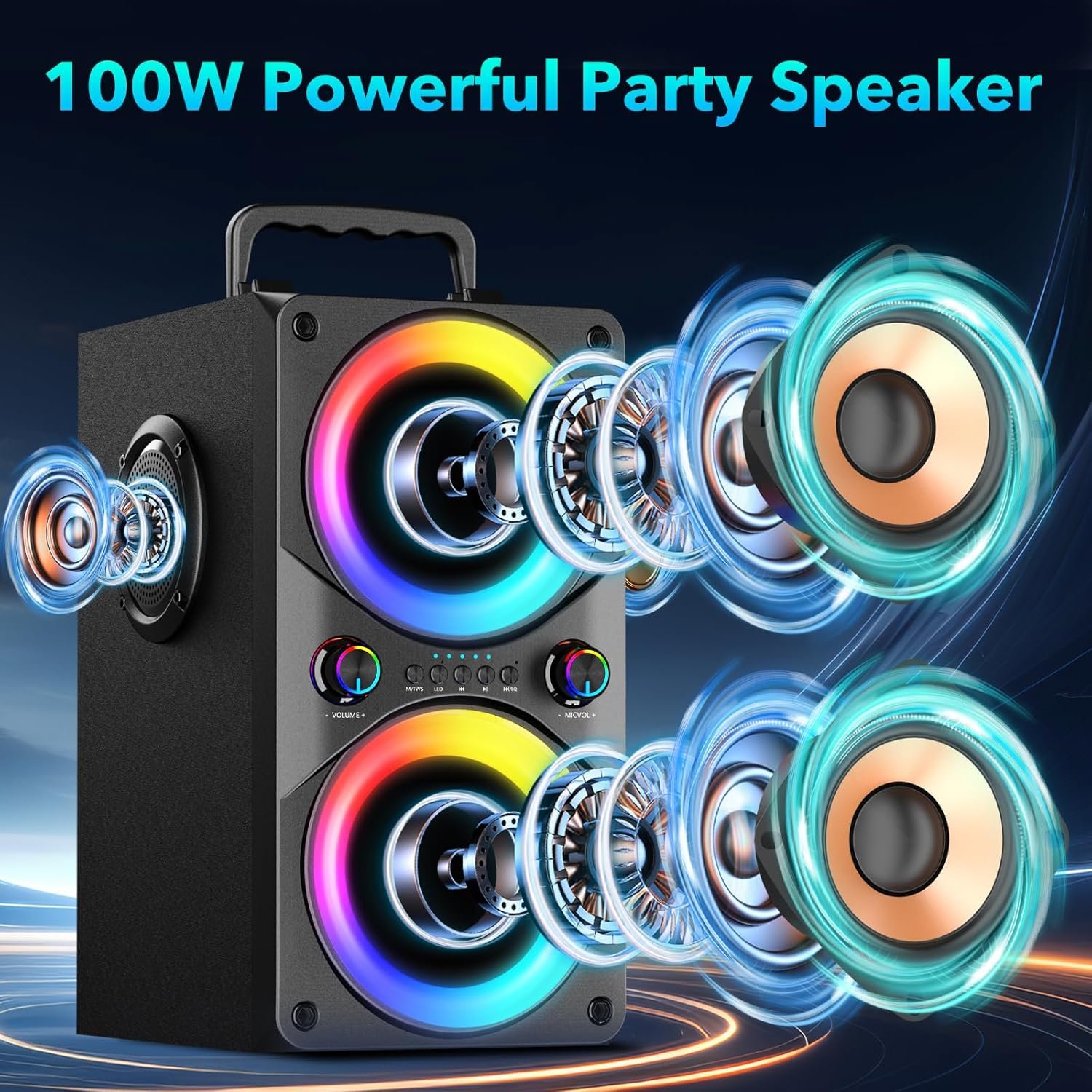 Bluetooth Speaker 100W Portable Big Powerful Deep Bass Loud Sound Wireless Boombox with Subwoofer TWS LED Lights DSP Large Wooden Speakers for Outdoor Home Party - Image 2
