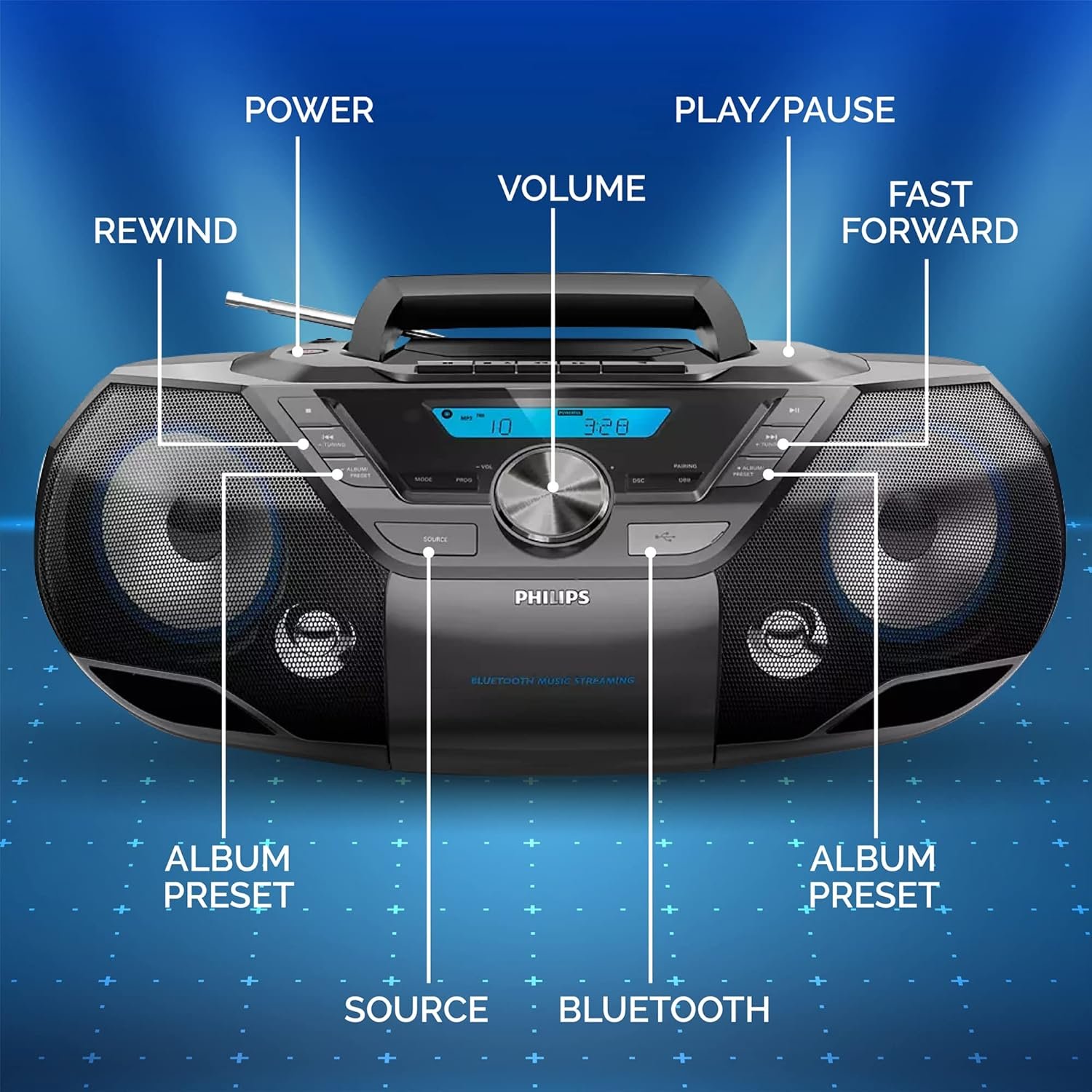Philips Portable CD Player Boombox Bluetooth with Cassette Player All in one Powerful Stereo Boom Box CD Player for Home Mega Bass Reflex Speakers, Radio/USB/MP3/AUX Input with Backlight LCD Display - Image 2