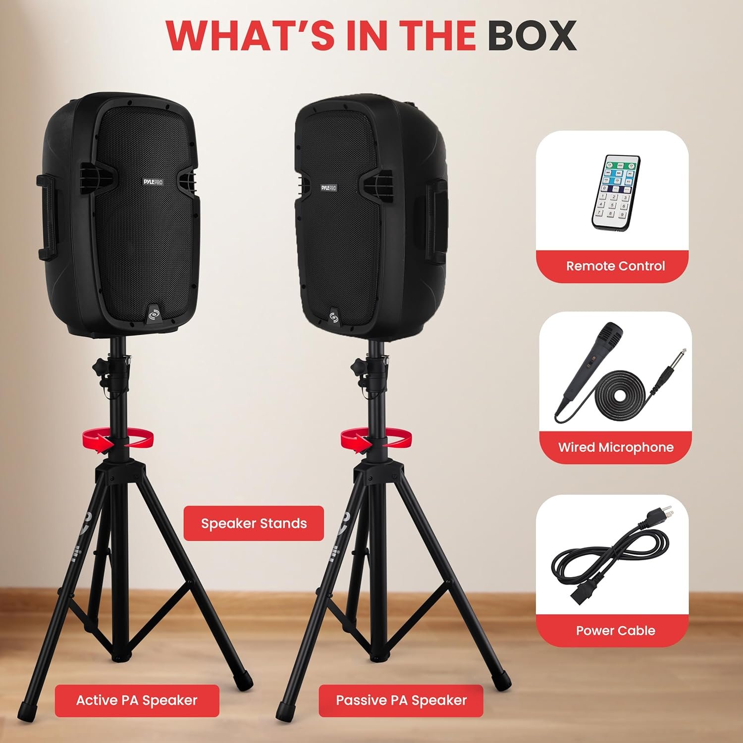 Pyle 10" Wireless Portable PA system - 1000W High Powered Bluetooth Compatible Active + Passive Pair Outdoor Sound Speakers w/ USB SD MP3 AUX - 35mm Mount, 2 Stands, Microphone, Remote - PPHP1049KT - Image 7