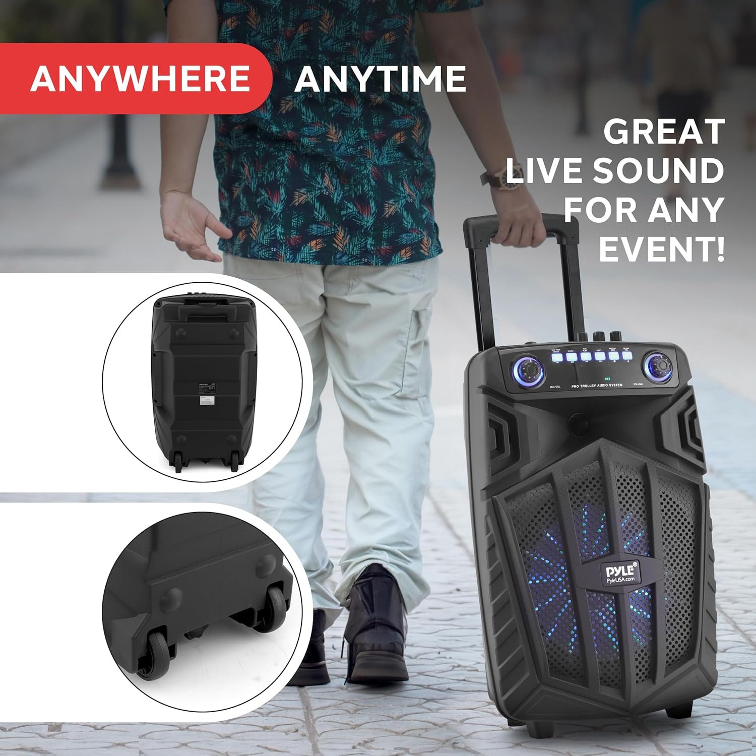 Pyle 680W Portable Bluetooth PA Speaker - 10" Rechargeable Outdoor Karaoke Speaker, Audio System w/Wireless Mic and Wheels, TWS, Lights, LED Display, 6.5mm Mic Input, FM/AUX/MP3/USB/SD - Image 6