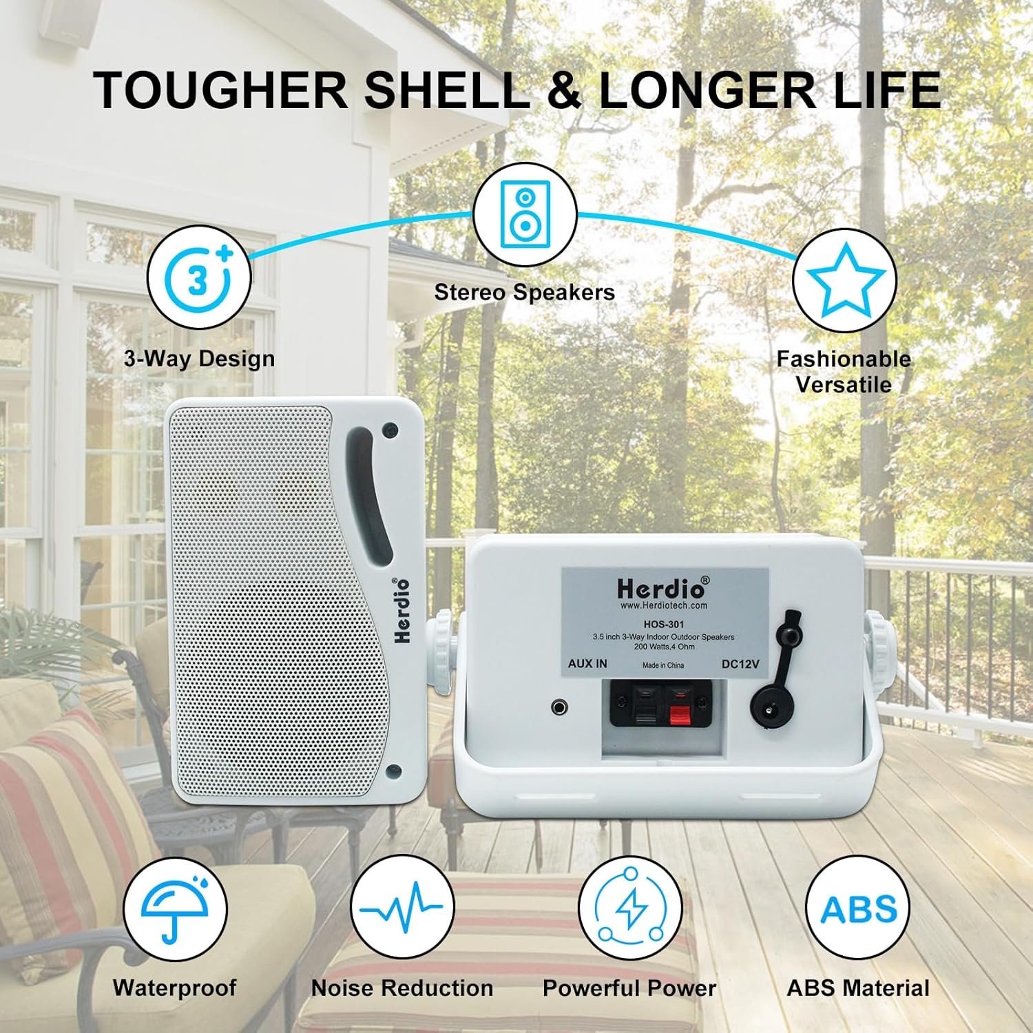 Herdio 3.5" Outdoor Bluetooth Speakers Wired Waterproof, 200W 3 Way Upgrade Premium Wall Mount Speakers, Durable Mountable Loud Sound System for Patio Indoor Deck Garage (White Pair) - Image 7