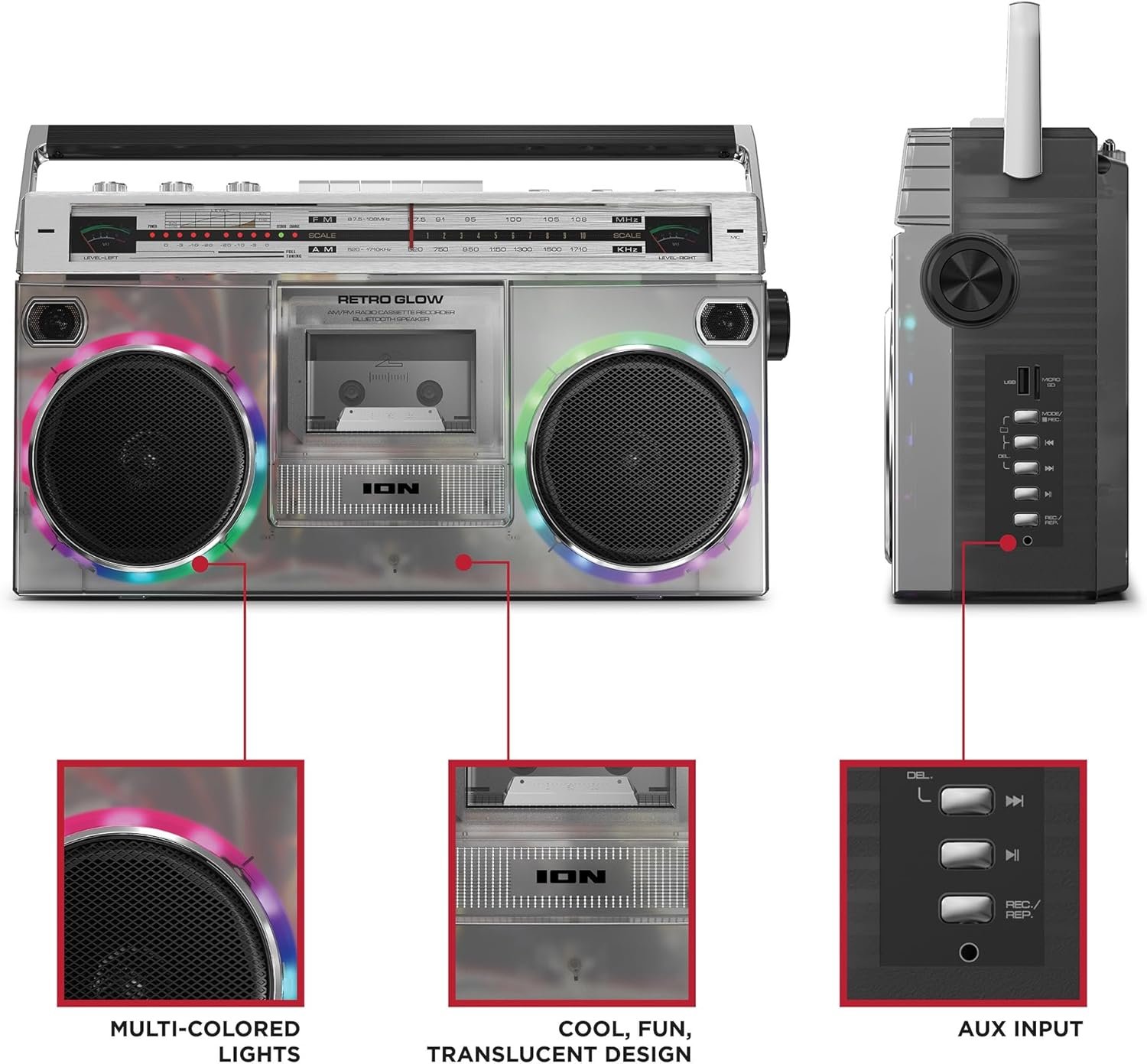 ION Audio Retro Glow Boombox - Deluxe Stereo AM/FM Radio Cassette Dual Speakers Full-Range Bass and Bluetooth (Renewed) - Image 7