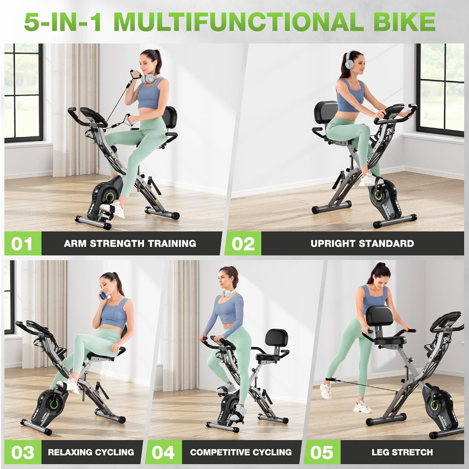 Exercise Bike, 5 in 1 Foldable Stationary Bike for Seniors, 16-Level Adjustable Magnetic Resistance, Indoor Workout Bike with 330LB Capacity, Comfortable Seat Backrest X-bike - Image 3