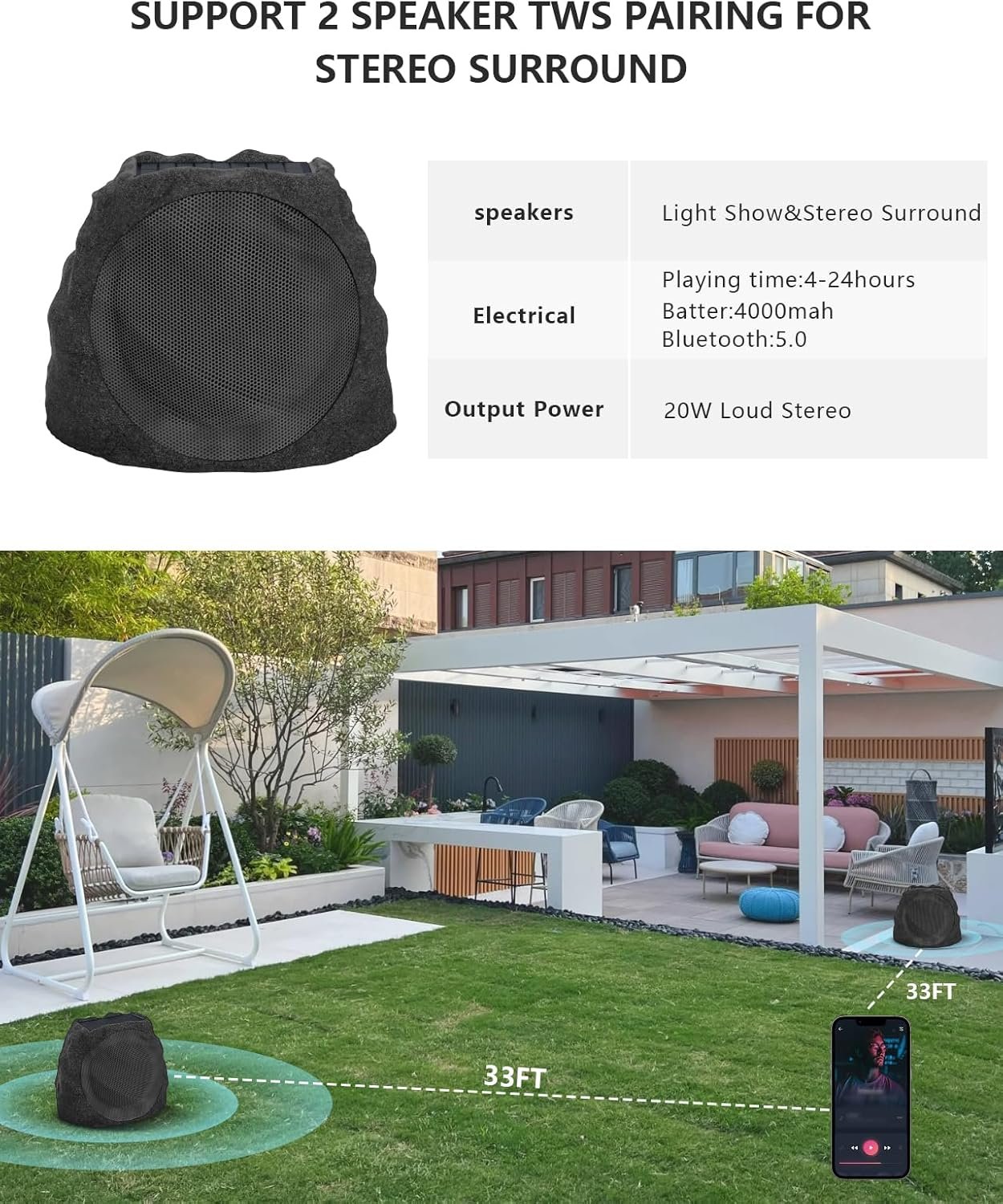 Outdoor Speakers Bluetooth Waterproof Patio TWS Connection Outdoor Bluetooth Speakers Wireless Solar Powered and Rechargeable Rock Speaker for Patio Pool,Backyard (Black, 2 Pack) - Image 5