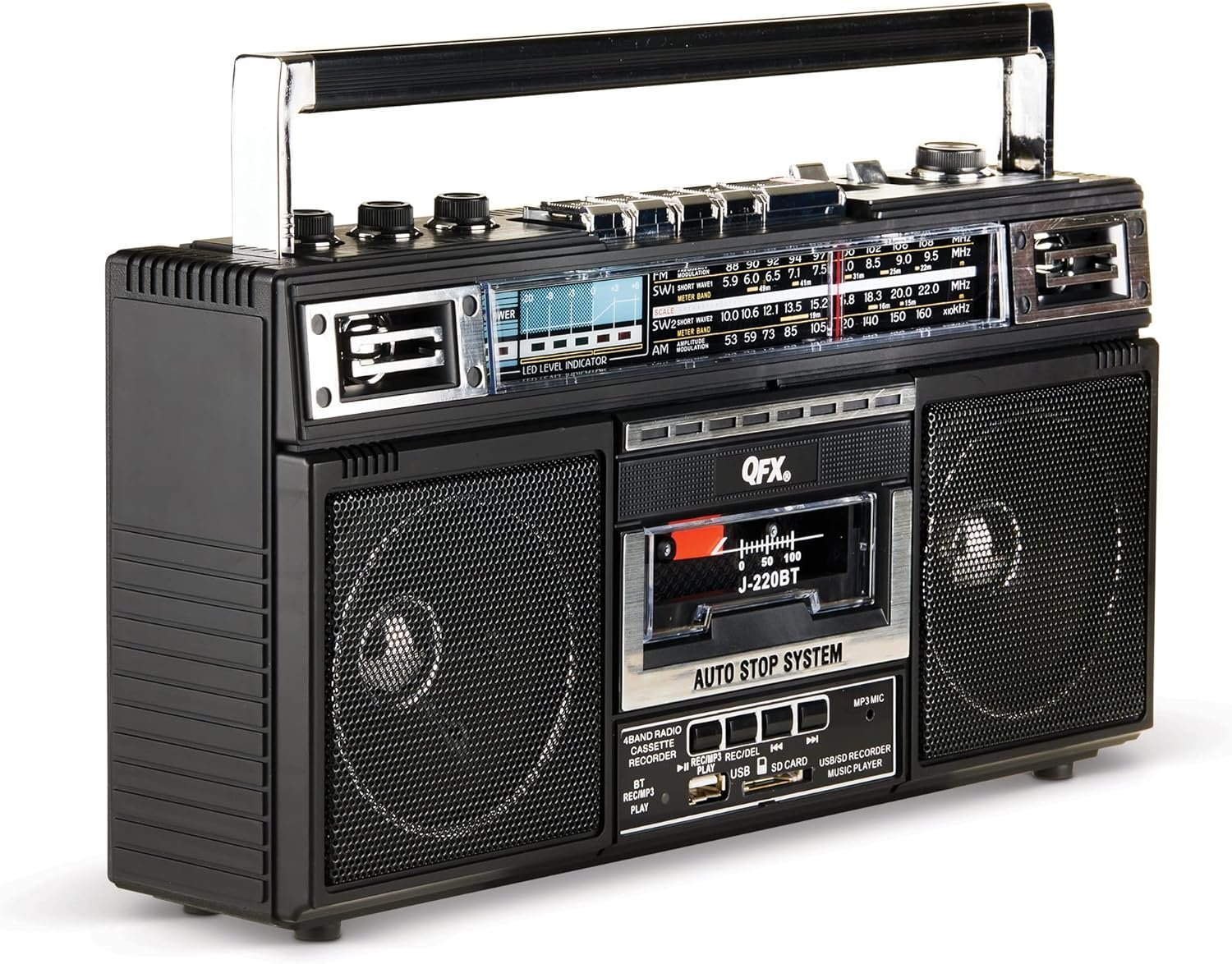 QFX J-220BT Boombox MP3 Conversion from Radio to Cassette with 4-Band (AM, FM, SW1, SW2) Radio with Bluetooth, Rechargeable Battery, Dual 3” Speakers, Built-in Microphone, Recorder, 3-Band Equalizer - Image 8