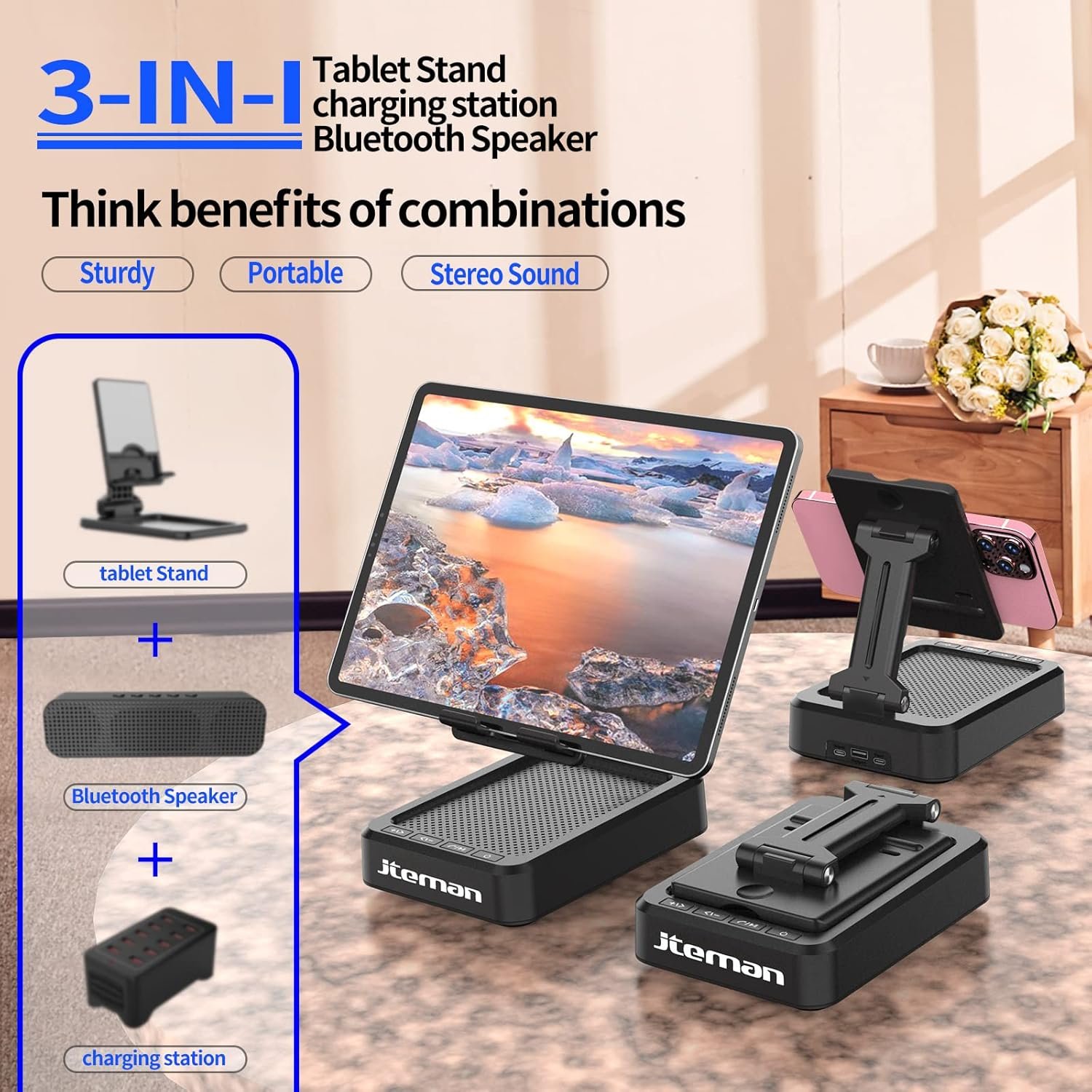 JTEMAN Tablet Stand Adjustable with Bluetooth Speakers,Kitchen Gadgets,Gifts for Women Men,Wireless Bluetooth Speaker Tablet Holder,Desk Mic Charging Sation Compatible with Phones and Tablet - Image 2