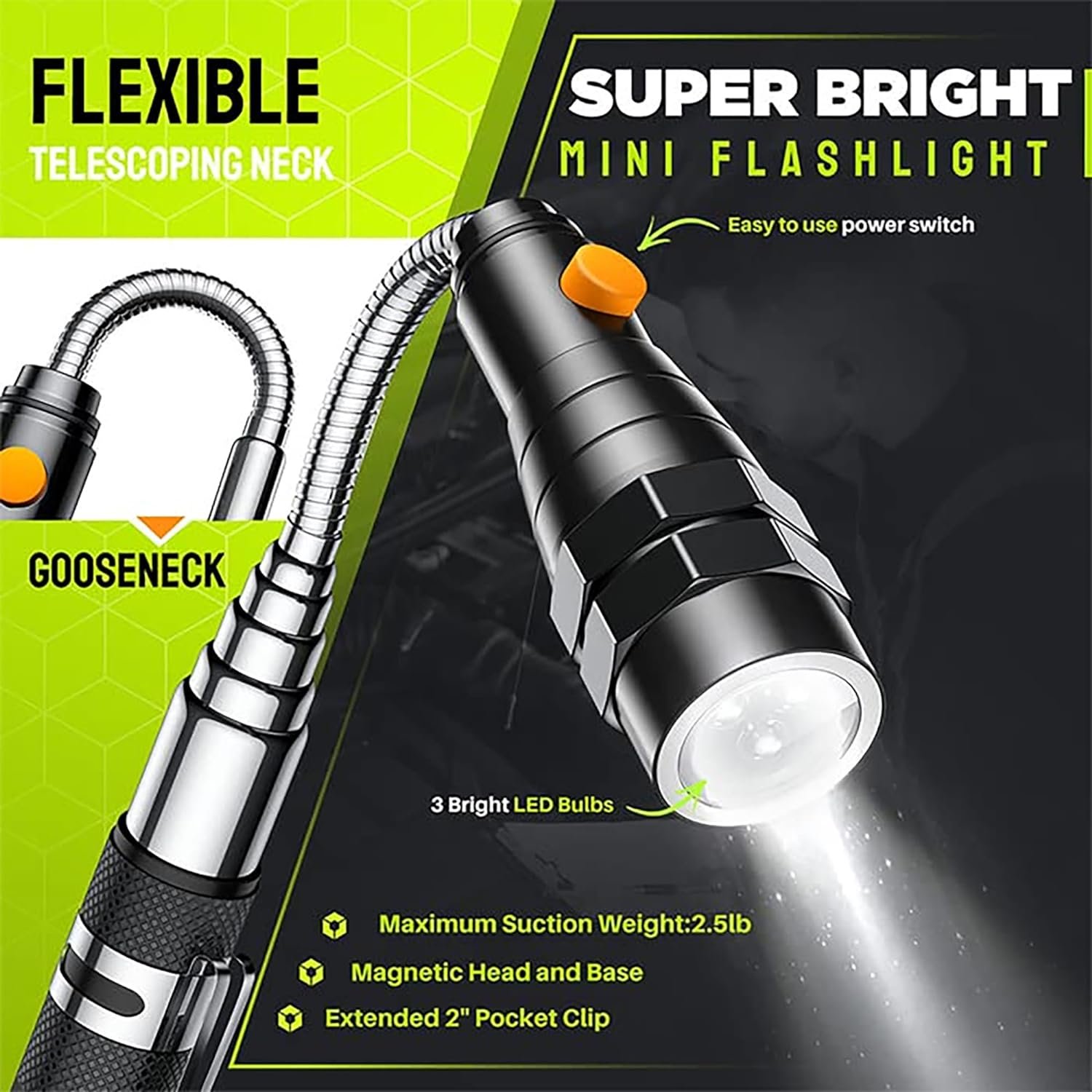 Telescoping Magnetic Pickup Tool Set, Inspection Mirror Telescoping, LED Flashlight, Cool Gadgets for Men, Stocking Stuffers, Gifts for Dad, Husband, Kids, Boyfriend, Magnet Stick (Yellow) - Image 4