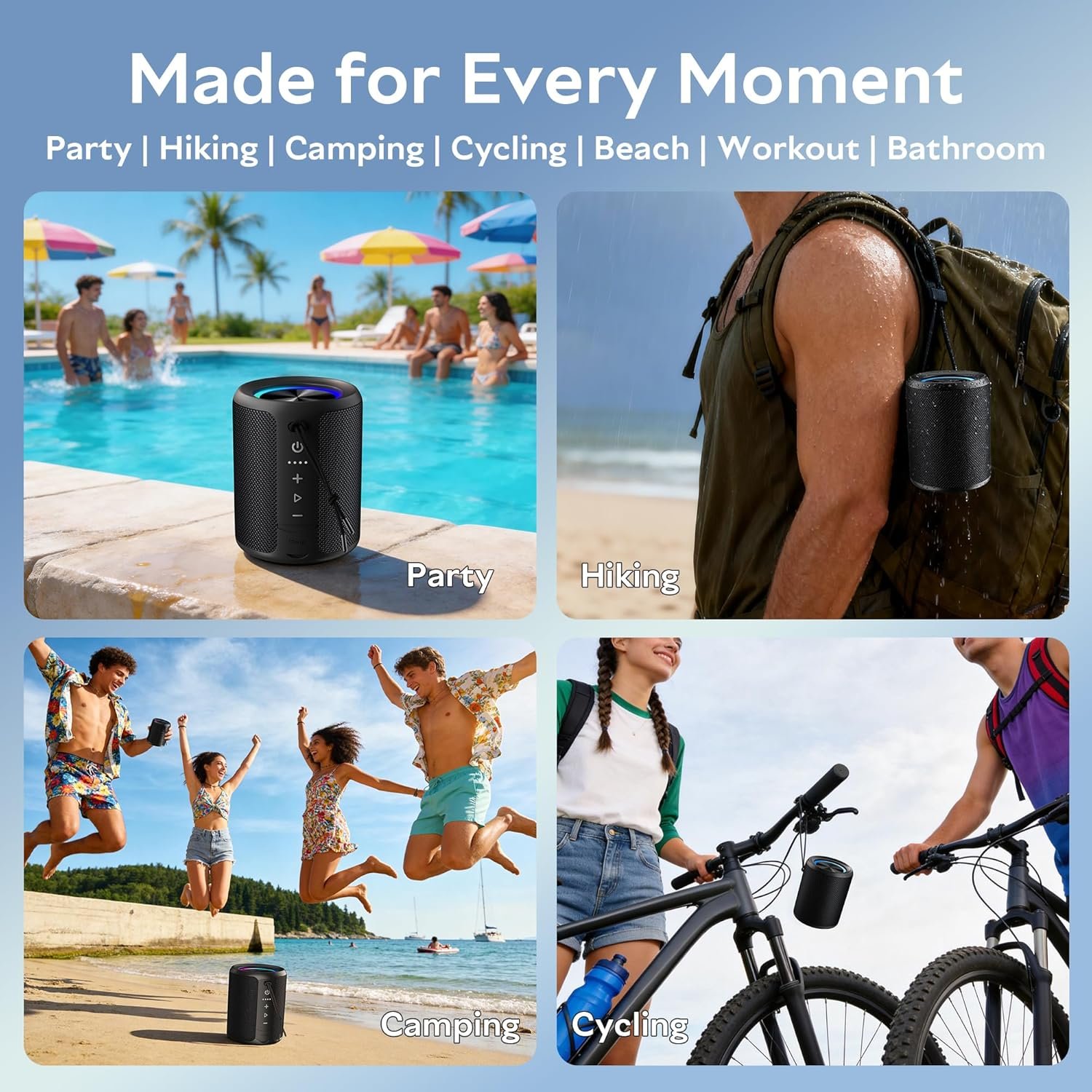 Portable Bluetooth Speaker, IPX7 Waterproof Wireless Speaker with 20W Loud Stereo Sound, 15H Playtime & Beat-Synced RGB Light, Small Outdoor Speaker for Shower, Pool, Beach, Hiking and Gifts - Image 7