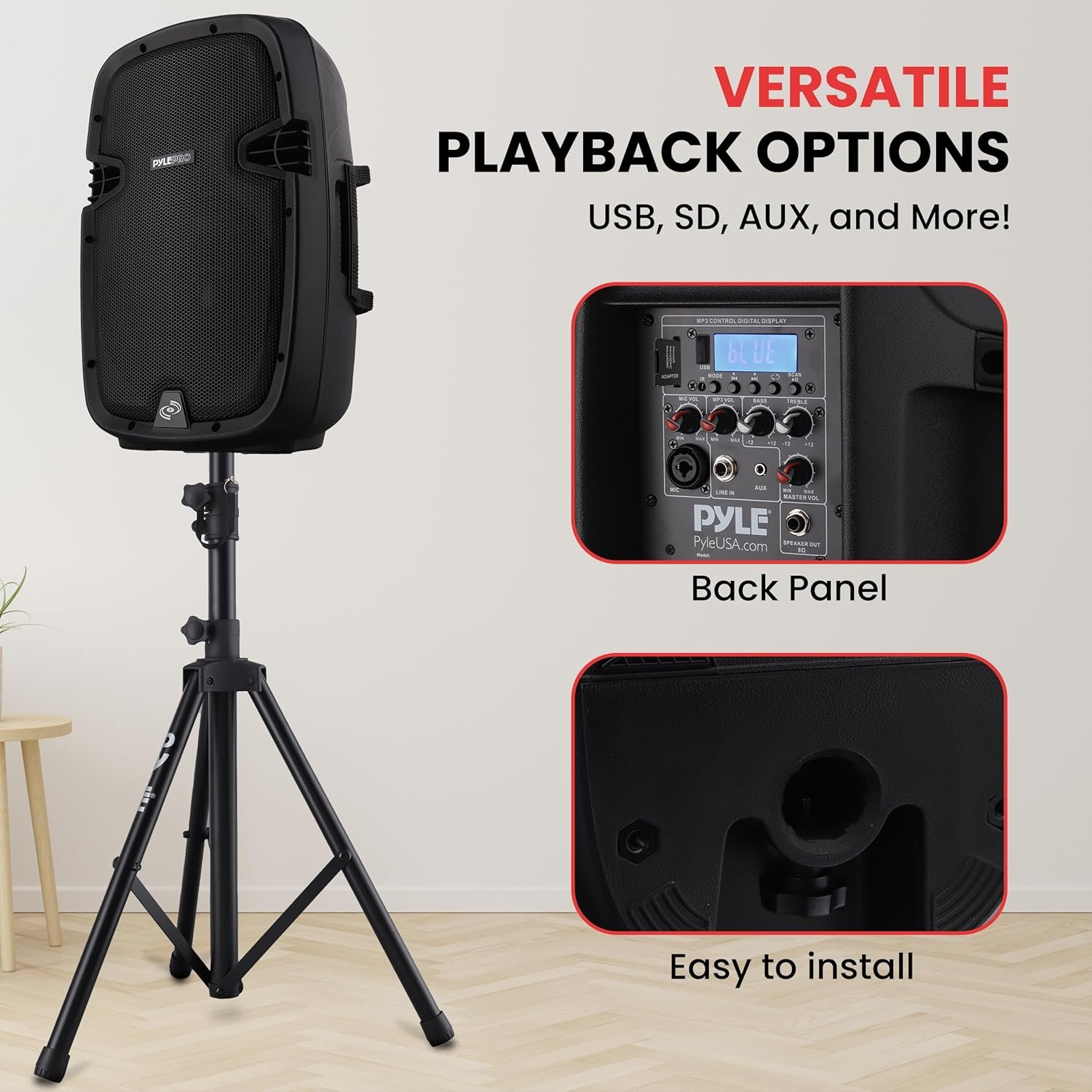 Pyle 10" Wireless Portable PA system - 1000W High Powered Bluetooth Compatible Active + Passive Pair Outdoor Sound Speakers w/ USB SD MP3 AUX - 35mm Mount, 2 Stands, Microphone, Remote - PPHP1049KT - Image 4