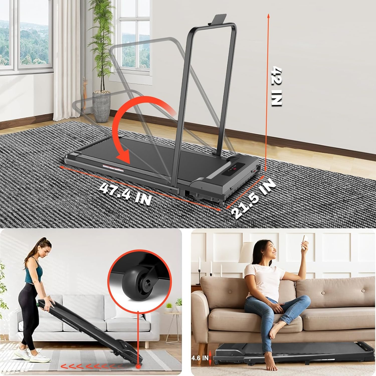Walking Pad, 2.5HP Walking Pad Treadmill with Handle Bar, 3 in 1 Portable Under Desk Treadmills for Home,Foldable Treadmill for Small Space,Compact Home Treadmills with Remote Control,300LBS Capacity - Image 6