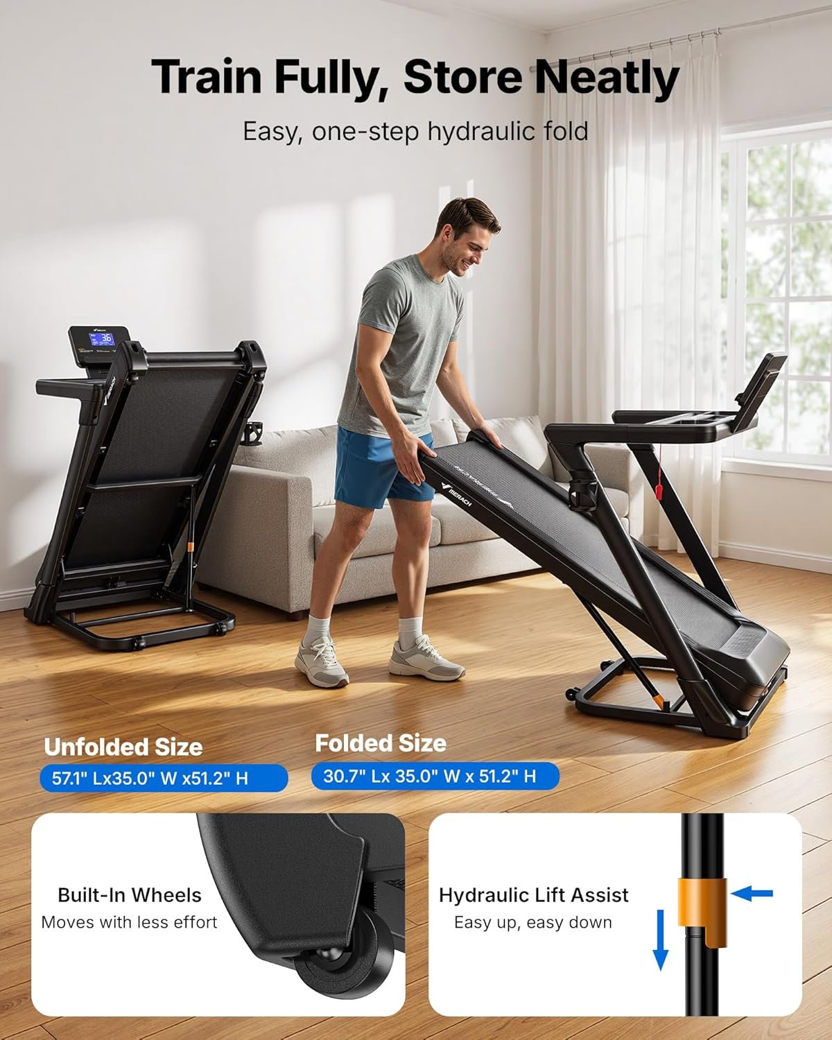 MERACH Treadmill with 15/18% Auto Incline, 55"/47"x18"/19" Wide Belt Treadmills, 0.5-8.7MPH/10MPH 3.5HP Brushless Incline Treadmill for Home, 350LBS Foldable Treadmills with Screen & APP & Heart Rate - Image 9
