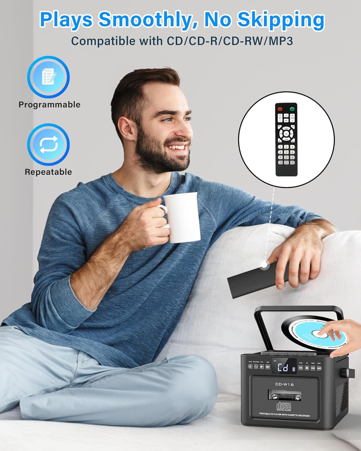 Greadio Boombox CD and Cassette Player Combo, 5000mAh Rechargable CD Player Boombox with Bluetooth Receive/Transmit/FM Radio/USB/TF/AUX/Remote Control, Boom Box Cassette Player for Home Outdoor - Image 6