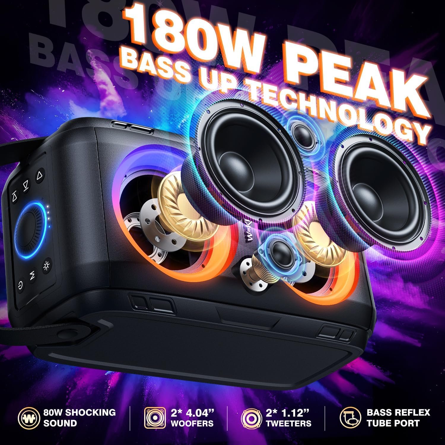 W-KING Party Bluetooth Speaker Boom Box, 180W Max Big Large Loudest Wireless Outdoor Portable Speaker 4 Drivers with 2*4.04'' Subwoofer, 80W HD Huge 105dB Pulse Natur Deep Bass, IPX5/24H/EQ/USB/TF/AUX - Image 2