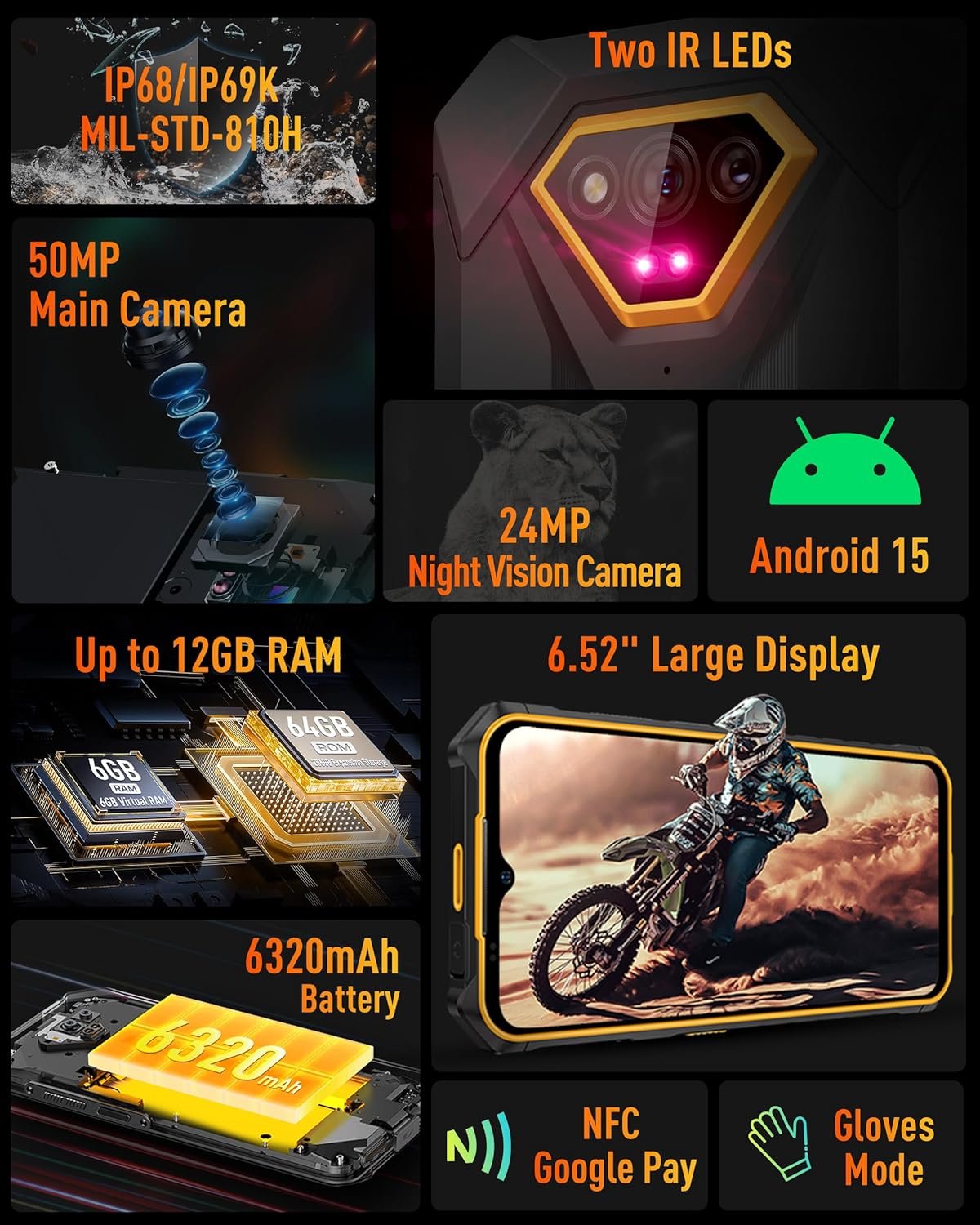 Ulefone Armor X13 Rugged Smartphone, 50MP+24MP Night Vision Camera, Octa-core 12GB RAM 64GB ROM, 6.52 inch Screen, 6320mAh Battery, Android 15 OS, Global Dual 4G, NFC/OTG/GPS/IP68/IP69K, Orange - Image 2