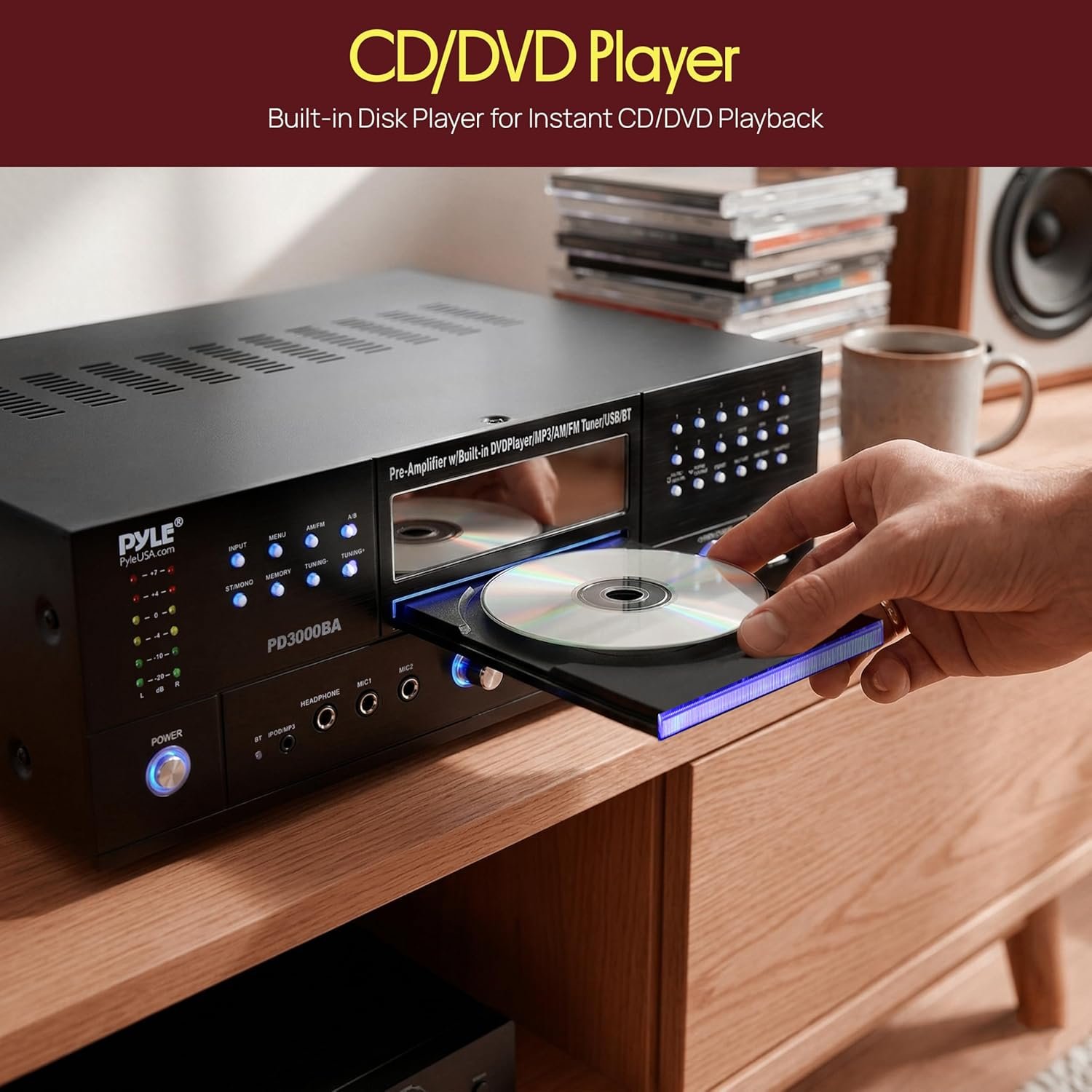Pyle 4 Channel Bluetooth Home Amplifier - Front Loading DVD/CD Player - 3000W Peak Stereo Receiver - 2 Mic Inputs w/ Echo, FM Radio,Optical In,USB,RCA,Composite, LED Level Meter, Rack Mount - PD3000BA - Image 9