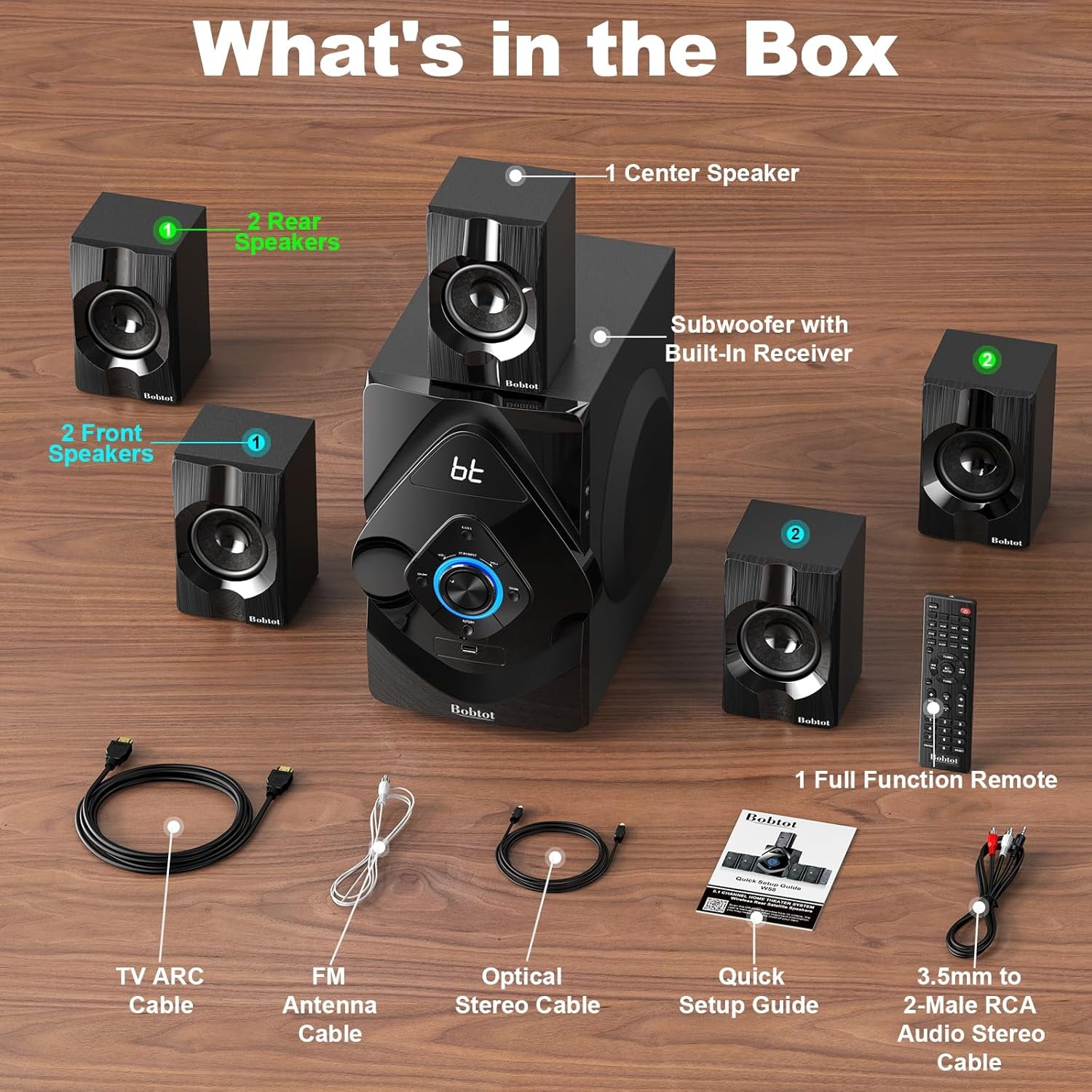 Bobtot Home Theater System Wireless Rear Satellite Speakers 800W 6.5 inch Subwoofer 5.1/2.1 Channel Surround Sound Systems with ARC Optical Bluetooth Input - Image 8
