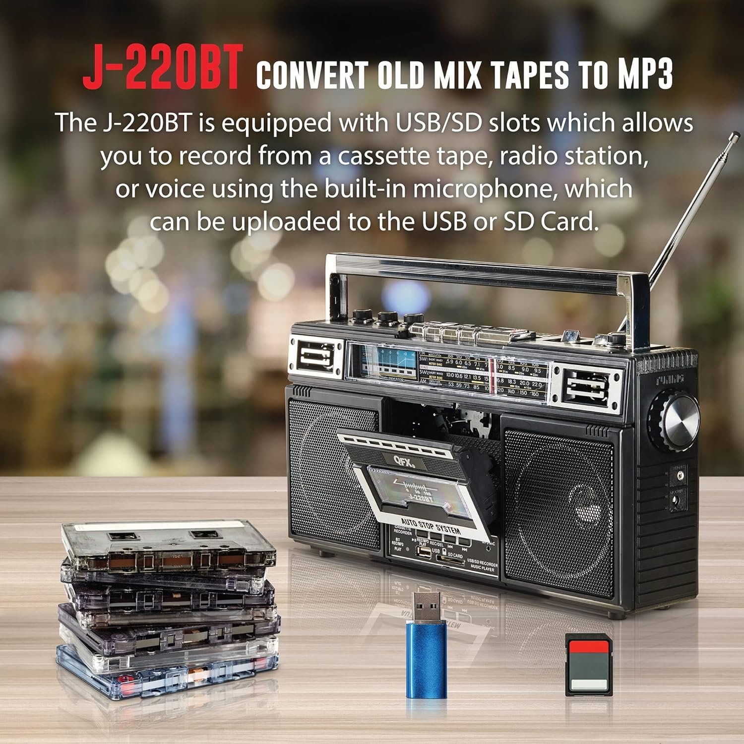 QFX J-220BT Boombox MP3 Conversion from Radio to Cassette with 4-Band (AM, FM, SW1, SW2) Radio with Bluetooth, Rechargeable Battery, Dual 3” Speakers, Built-in Microphone, Recorder, 3-Band Equalizer - Image 4