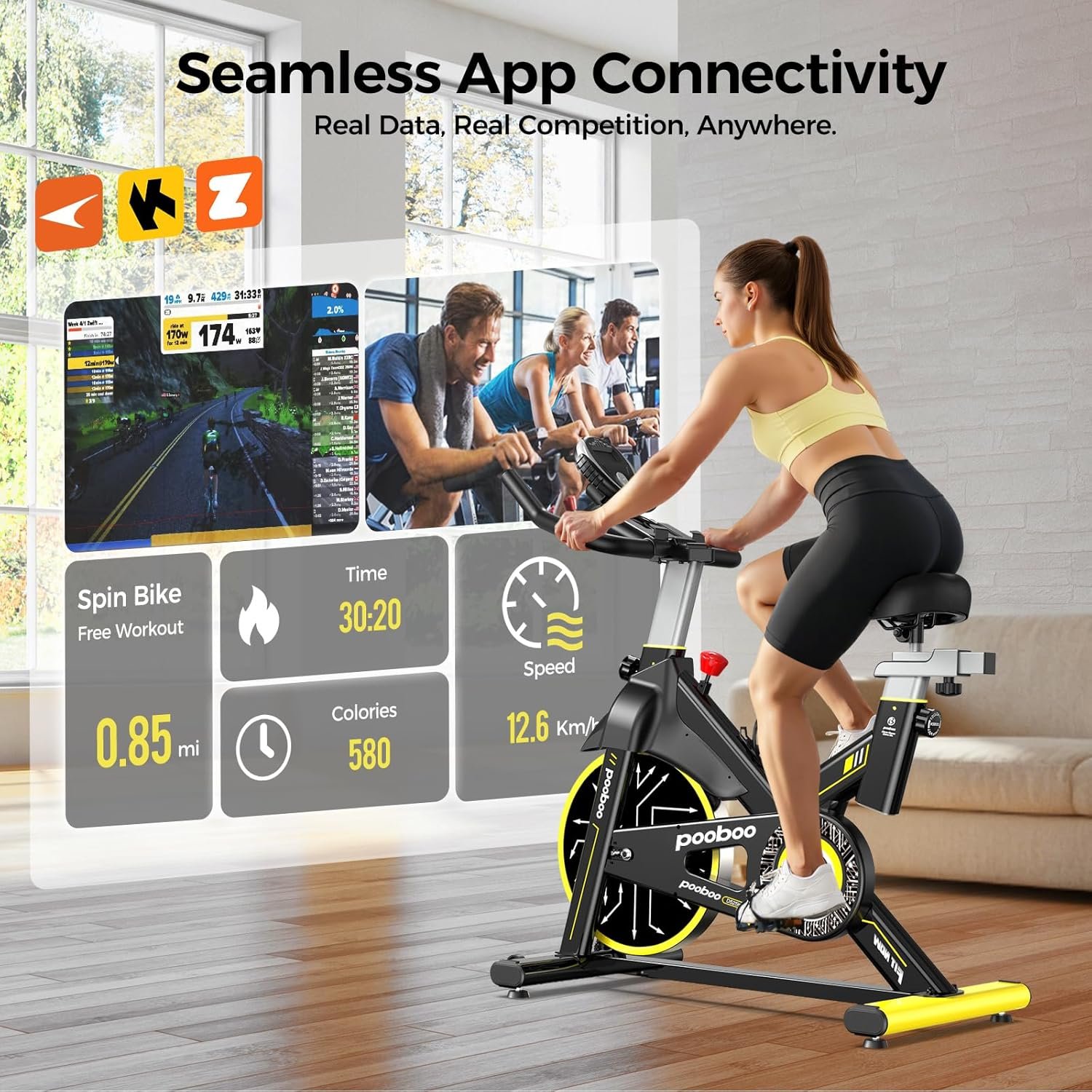 pooboo Exercise Bike,Stationary Bike for Home with Exclusive App,Indoor Low Noise Magnetic Cycling Bike with 350 lb Weight Capacity,Tablet Mount,LED Calorie Display and Fitness Courses for Weight Loss - Image 3